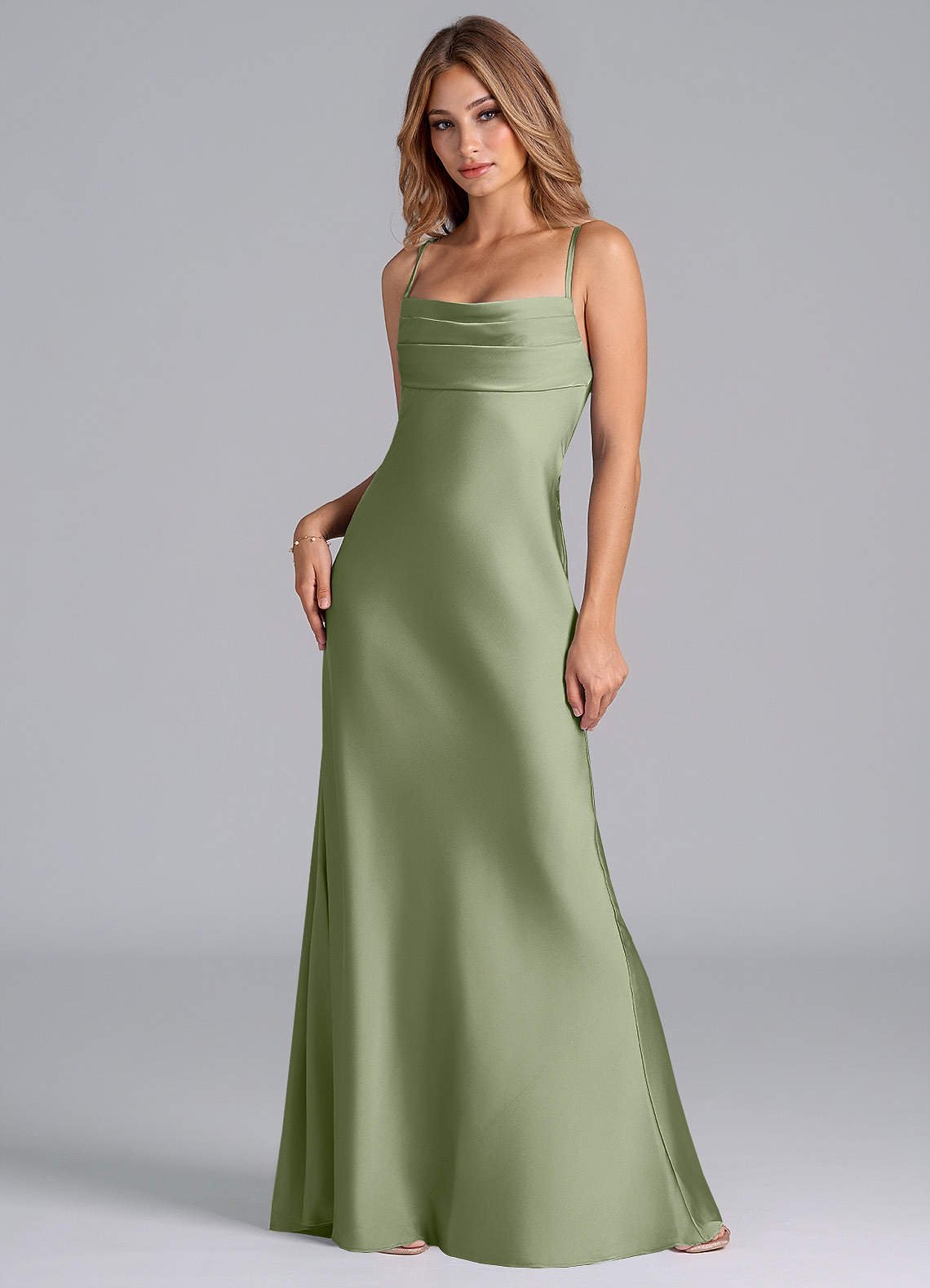 Seema Mermaid Cowl-Neck Stretch Satin Bridesmaid Dress in Pistachio