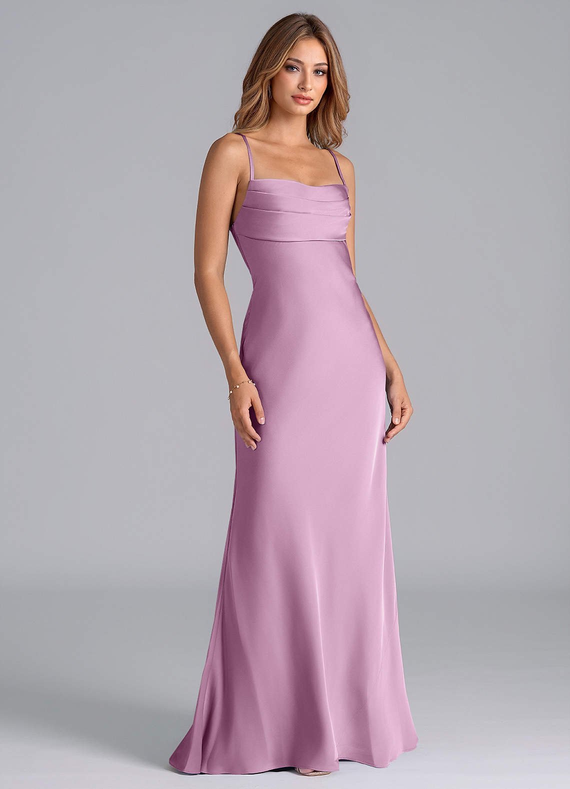 Seema Mermaid Cowl-Neck Stretch Satin Bridesmaid Dress in Wisteria