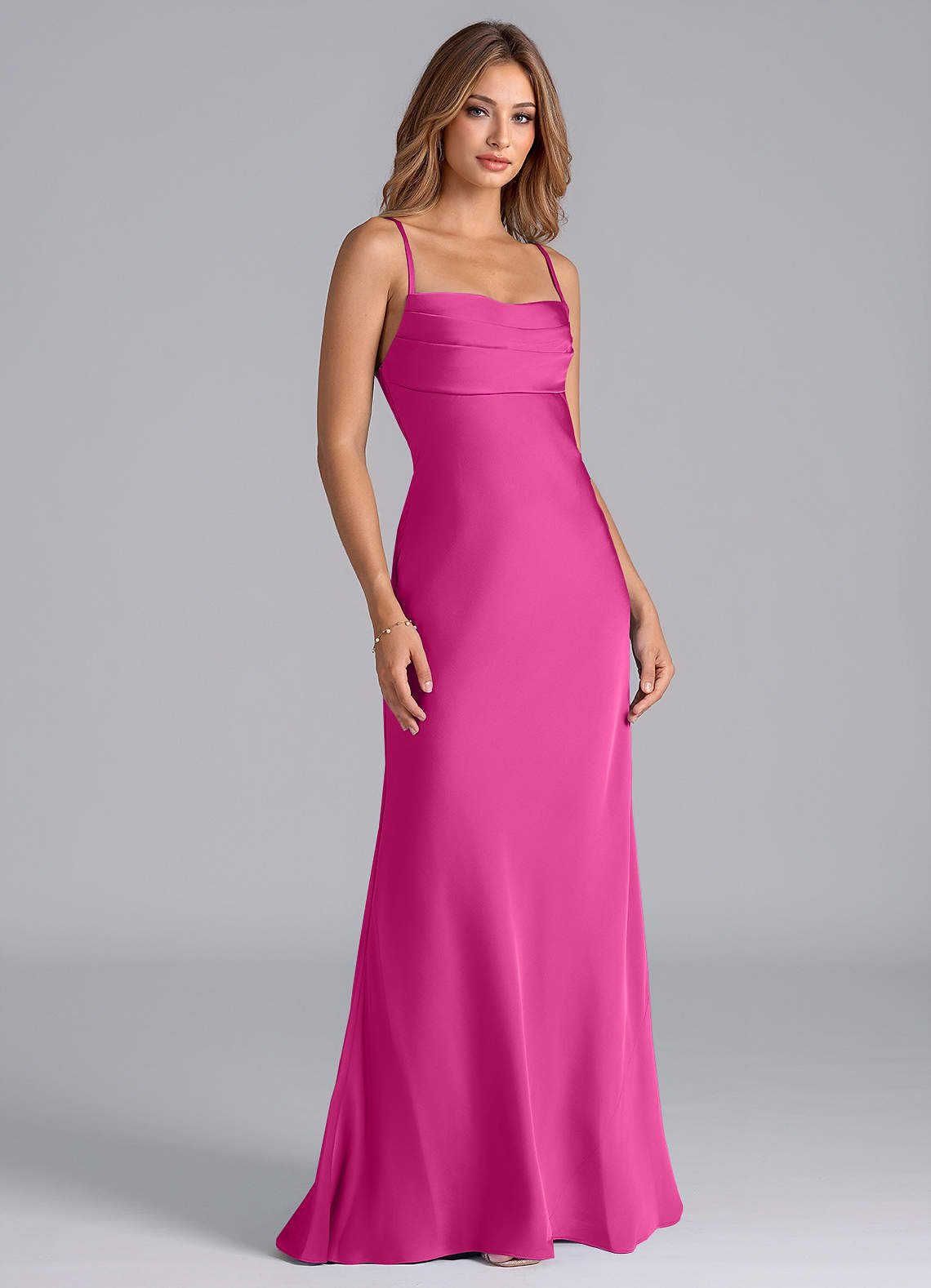 Seema Mermaid Cowl-Neck Stretch Satin Bridesmaid Dress in Fuchsia