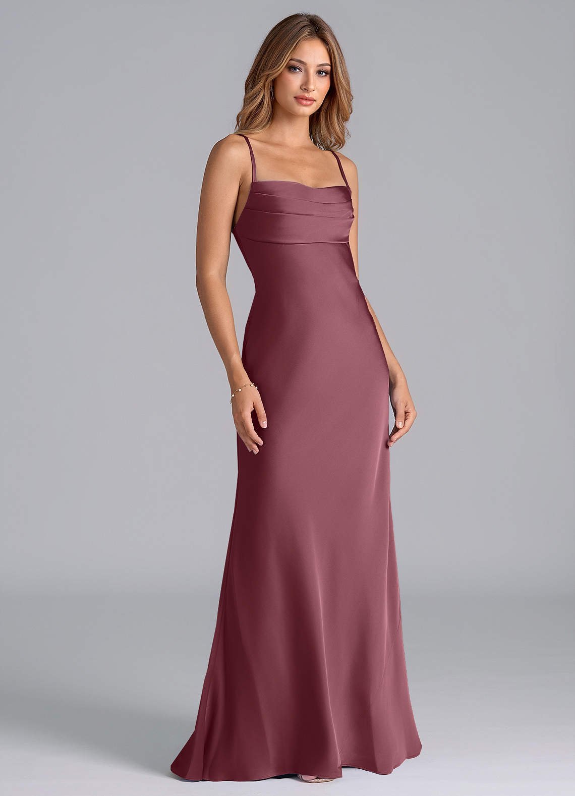 Seema Mermaid Cowl-Neck Stretch Satin Bridesmaid Dress in Desert Rose