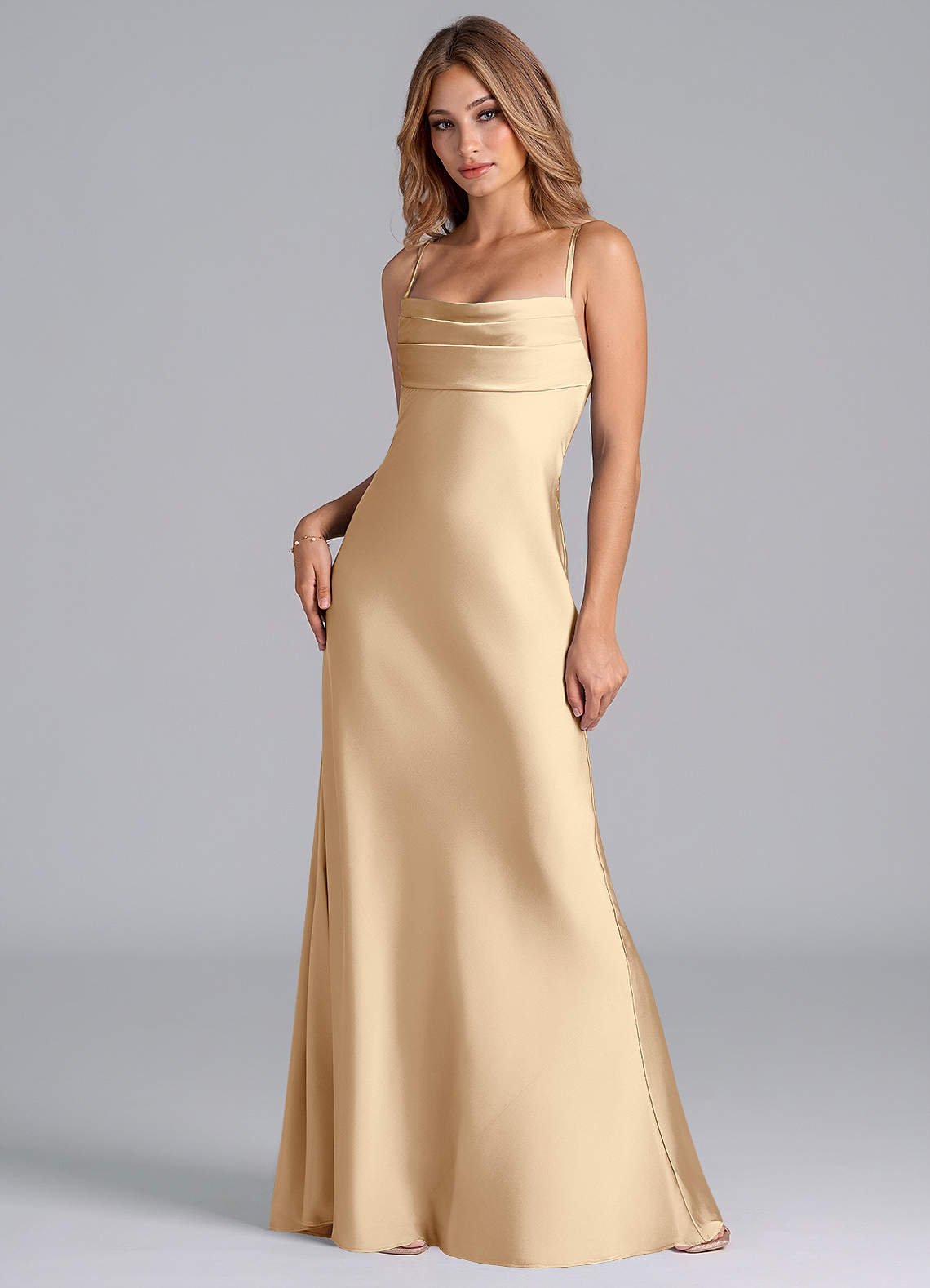 Seema Mermaid Cowl-Neck Stretch Satin Bridesmaid Dress in Champagne