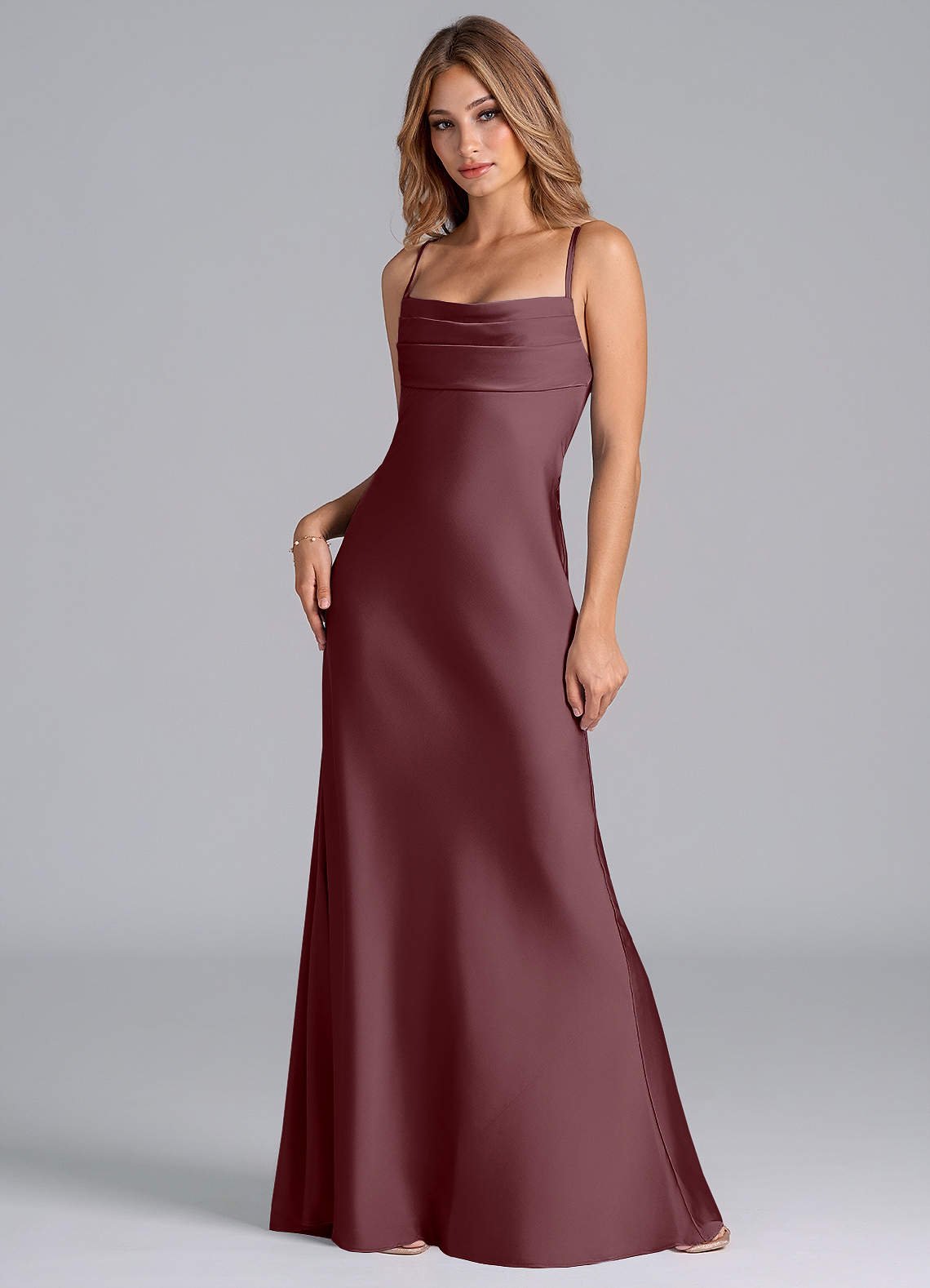 Seema Mermaid Cowl-Neck Stretch Satin Bridesmaid Dress in Sangria