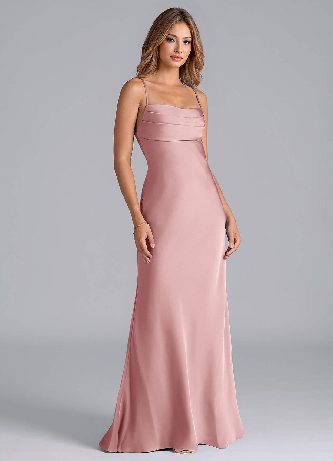 Seema Mermaid Cowl-Neck Stretch Satin Bridesmaid Dress in dusty rose