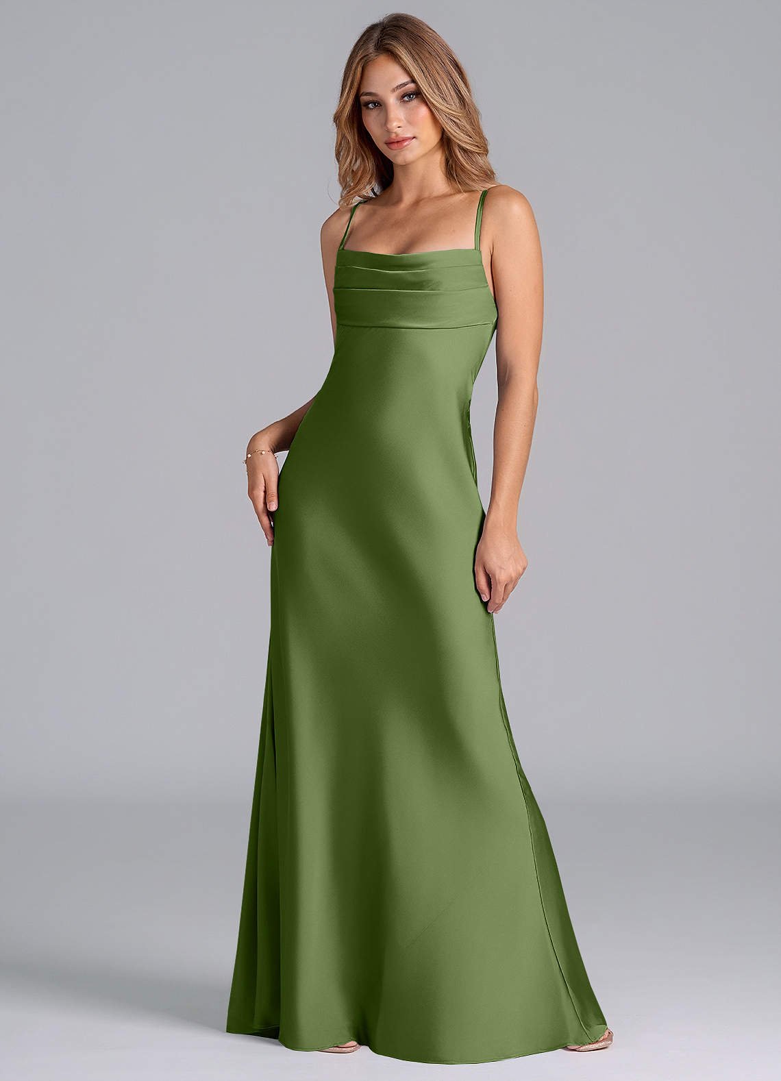 Seema Mermaid Cowl-Neck Stretch Satin Bridesmaid Dress in Juniper