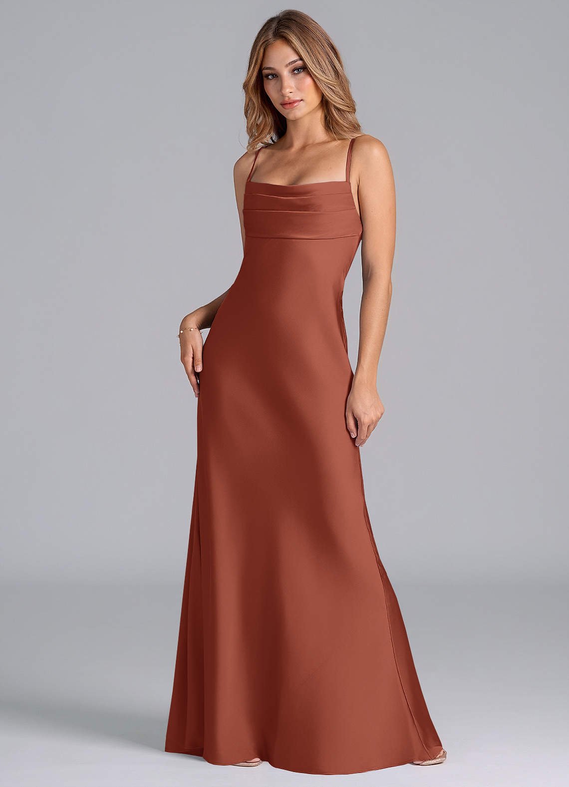Seema Mermaid Cowl-Neck Stretch Satin Bridesmaid Dress in Cinnamon