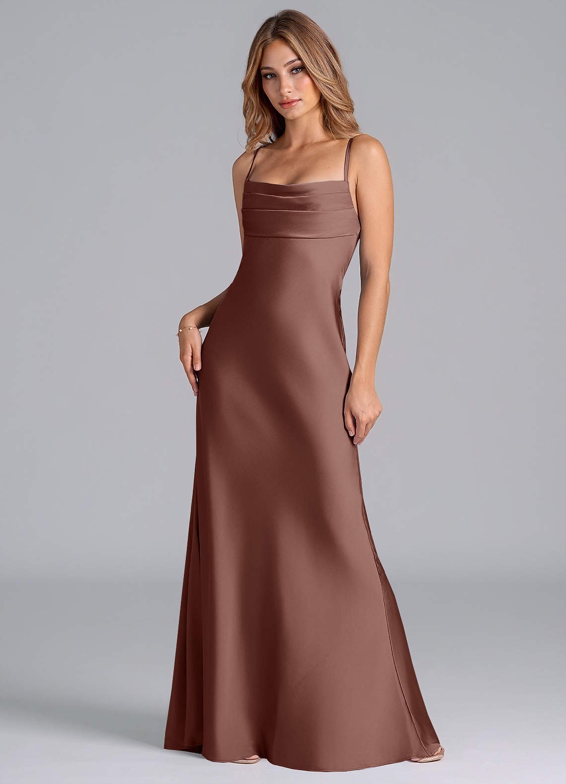Seema Mermaid Cowl-Neck Stretch Satin Bridesmaid Dress in Espresso