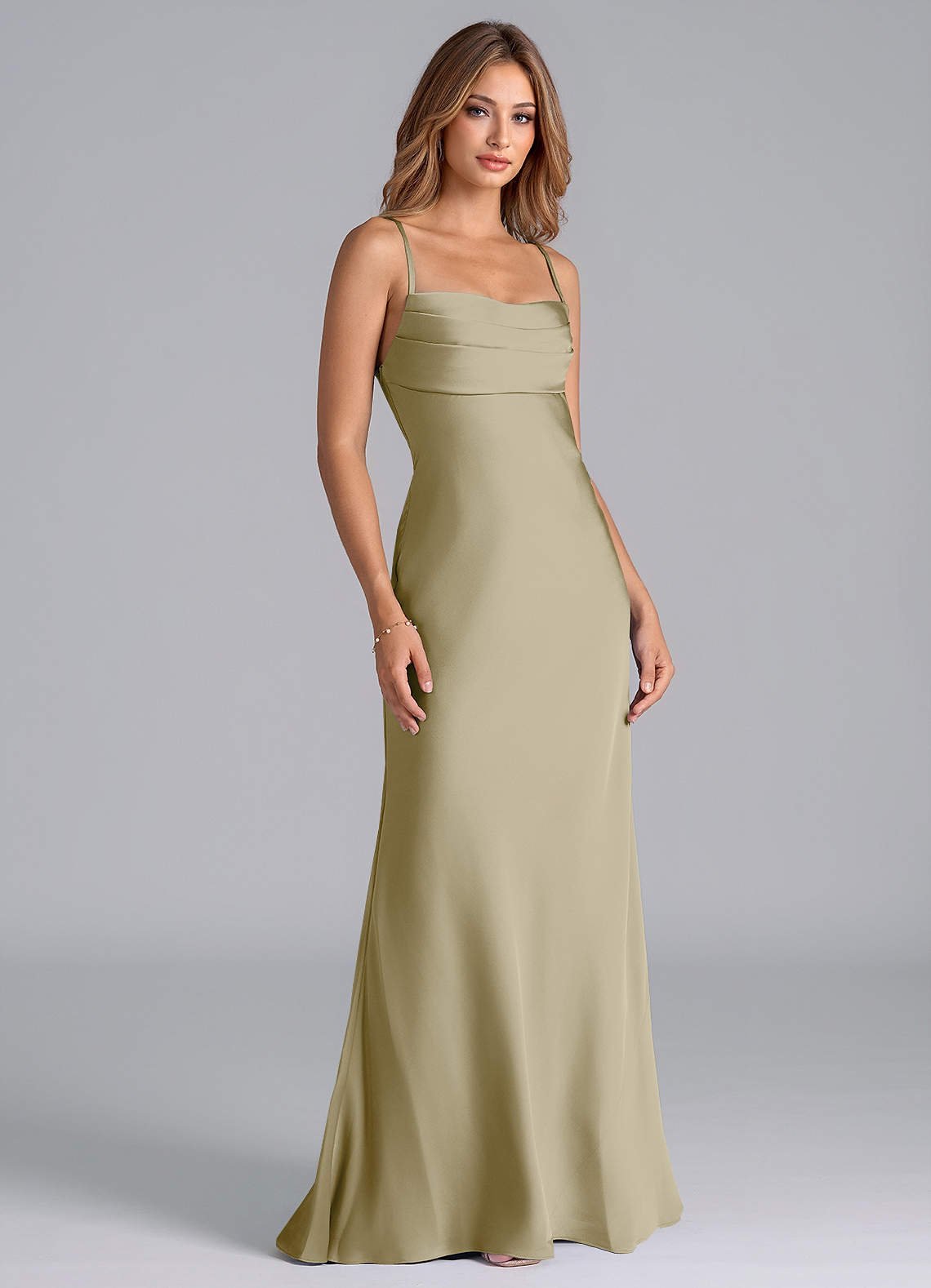 Seema Mermaid Cowl-Neck Stretch Satin Bridesmaid Dress in Moss Green