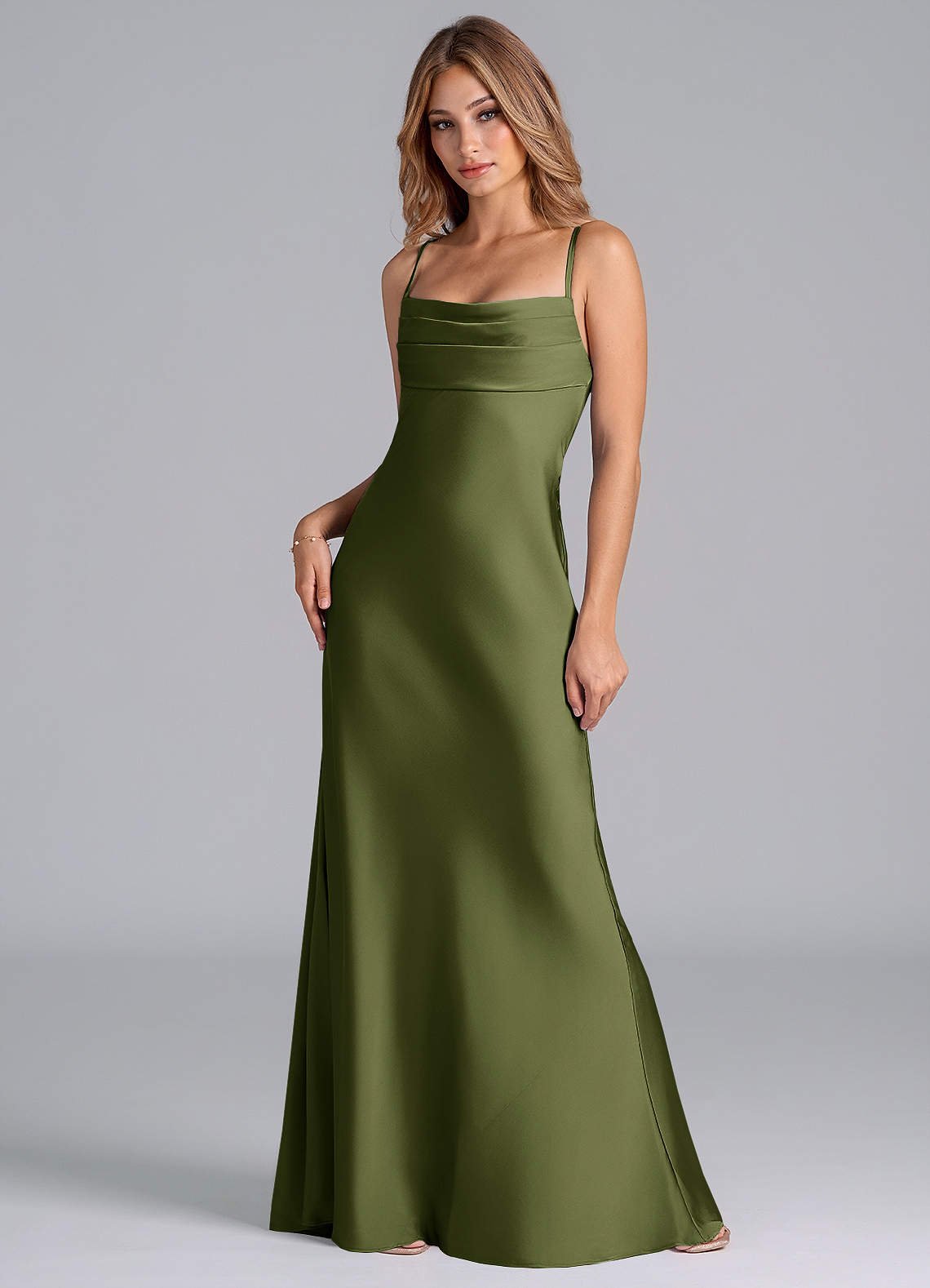 Seema Mermaid Cowl-Neck Stretch Satin Bridesmaid Dress in Olive