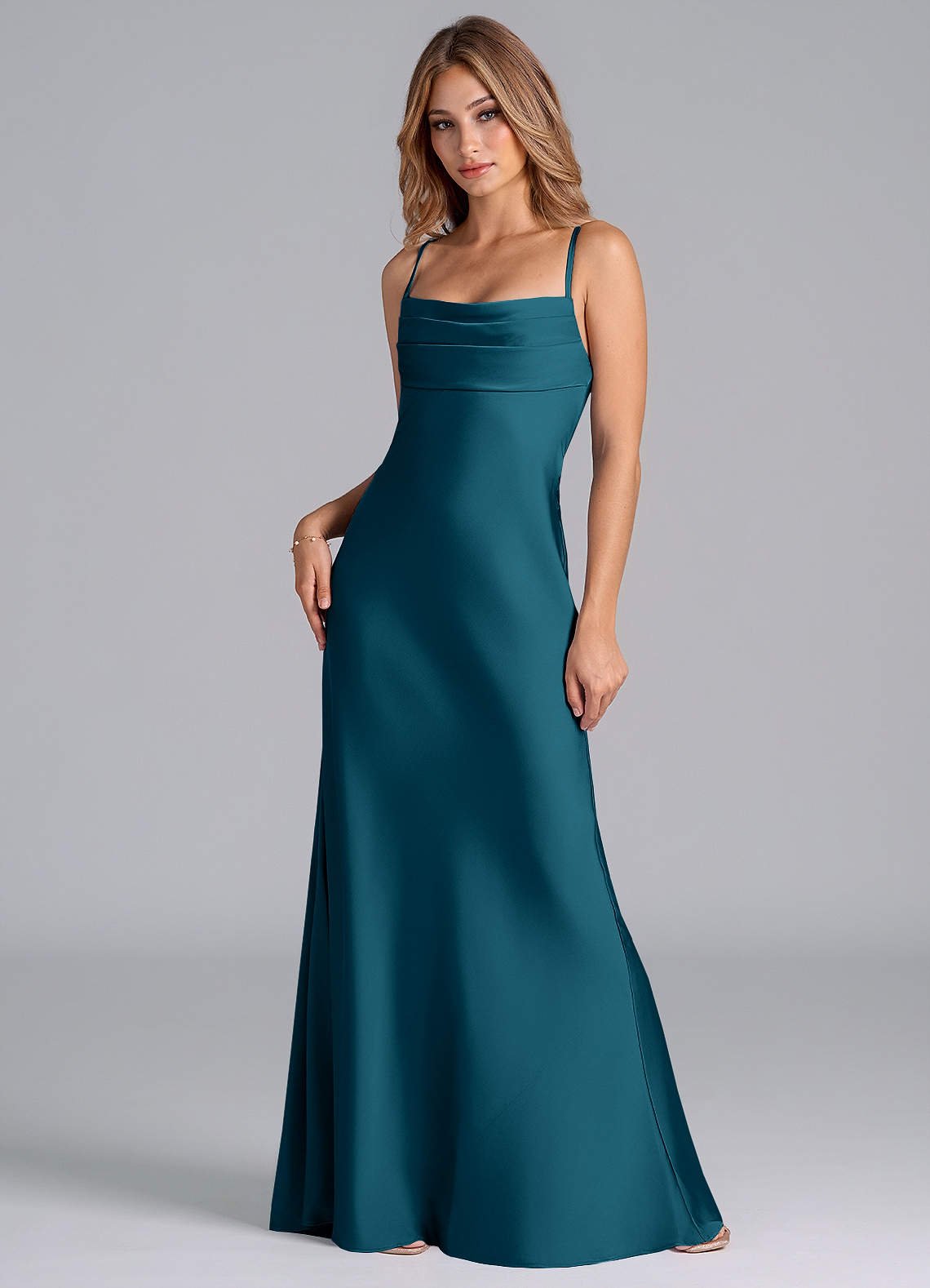 Seema Mermaid Cowl-Neck Stretch Satin Bridesmaid Dress in Ink Blue