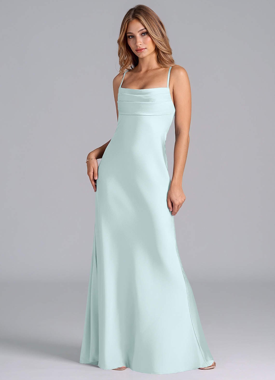 Seema Mermaid Cowl-Neck Stretch Satin Bridesmaid Dress in Sea Glass