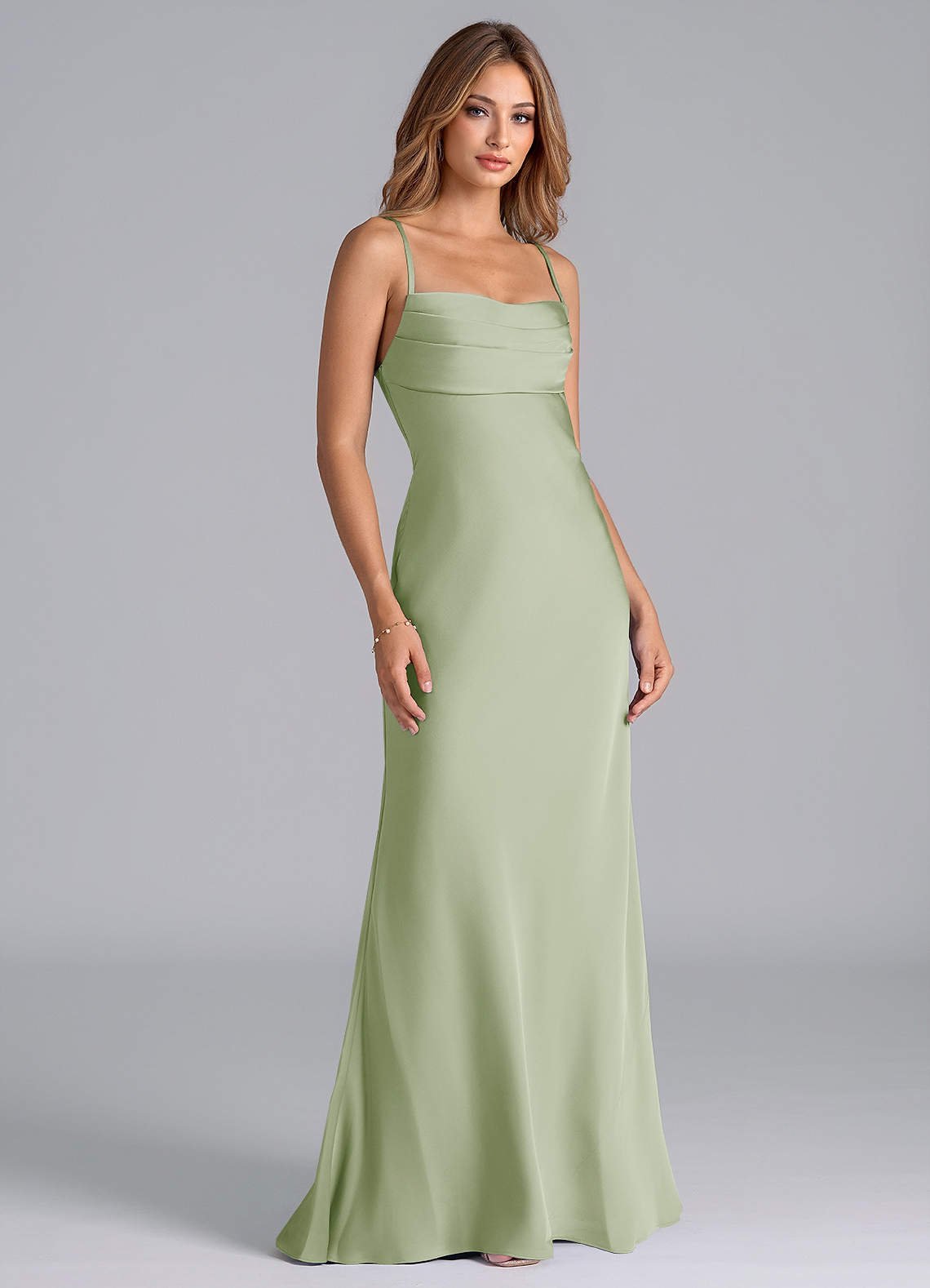 Seema Mermaid Cowl-Neck Stretch Satin Bridesmaid Dress in Dusty Sage