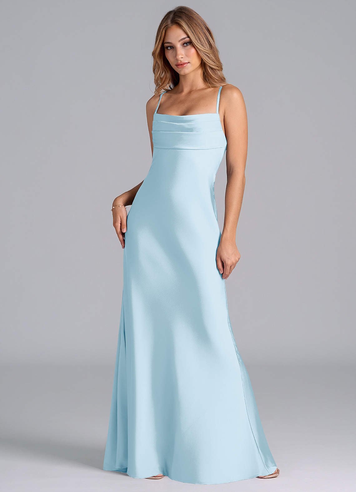 Seema Mermaid Cowl-Neck Stretch Satin Bridesmaid Dress in Sky Blue