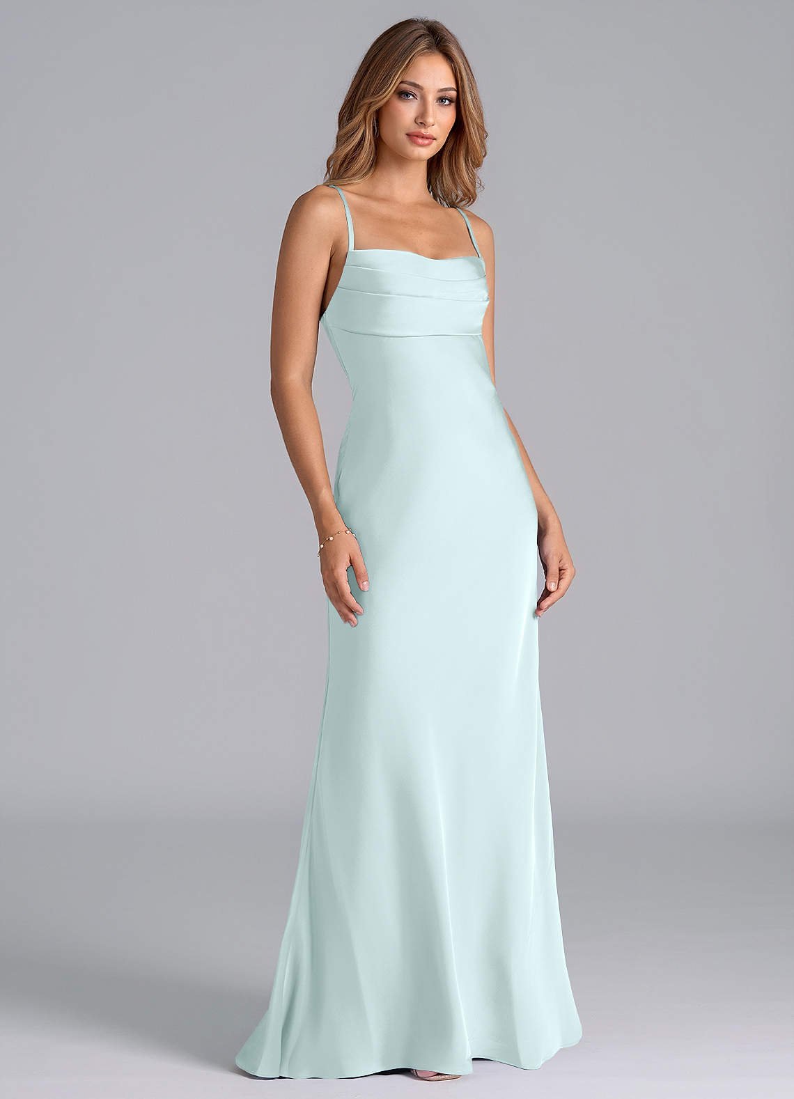 Seema Mermaid Cowl-Neck Stretch Satin Bridesmaid Dress in Sea Glass