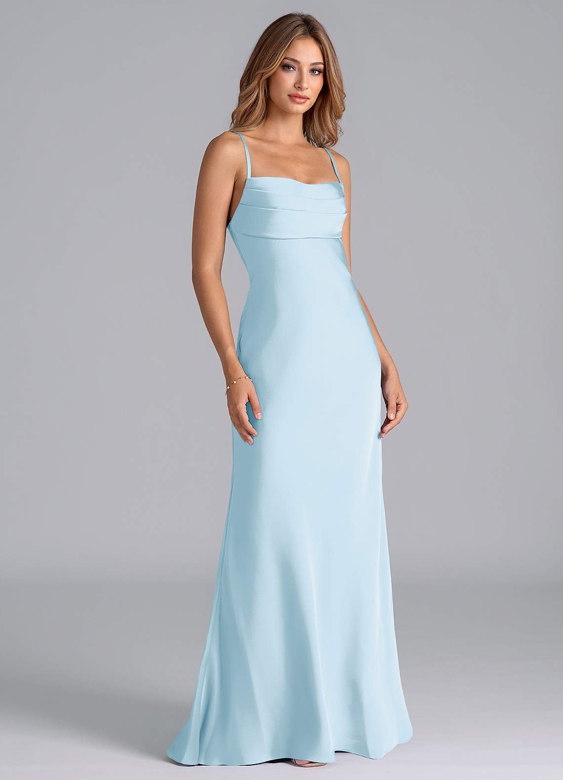 Seema Mermaid Cowl-Neck Stretch Satin Bridesmaid Dress in Sky Blue