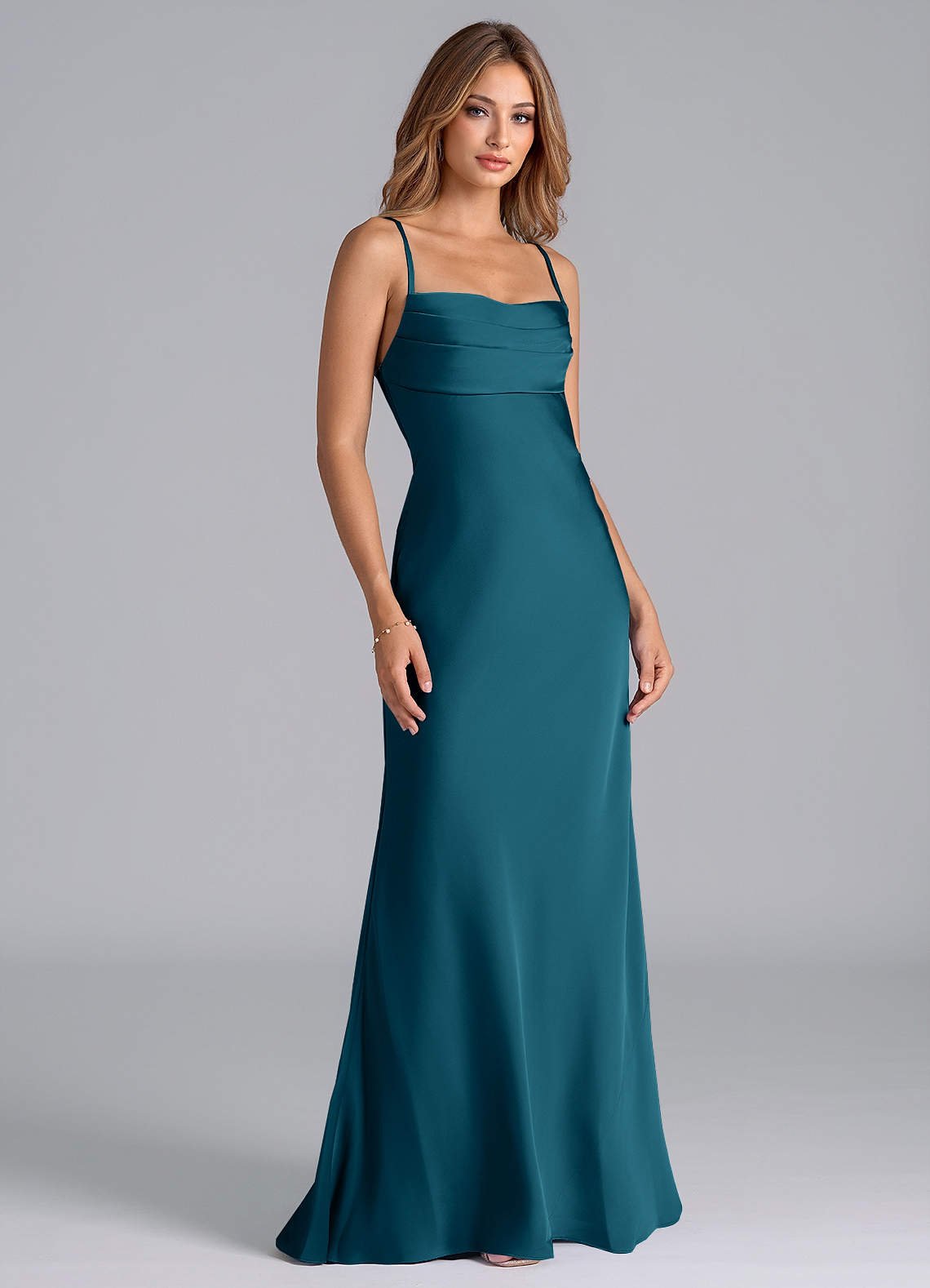 Seema Mermaid Cowl-Neck Stretch Satin Bridesmaid Dress in Ink Blue