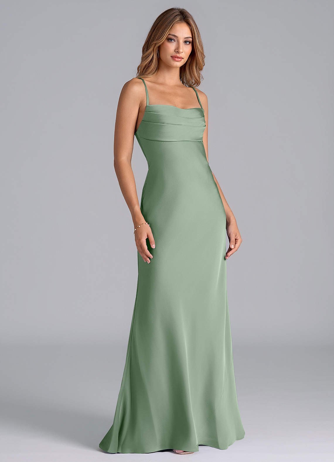 Seema Mermaid Cowl-Neck Stretch Satin Bridesmaid Dress in Matcha