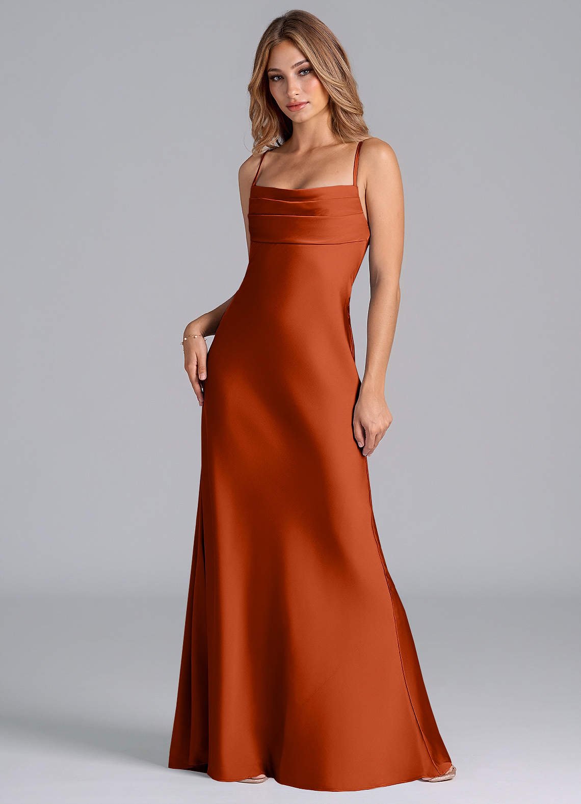 Seema Mermaid Cowl-Neck Stretch Satin Bridesmaid Dress in Paprika