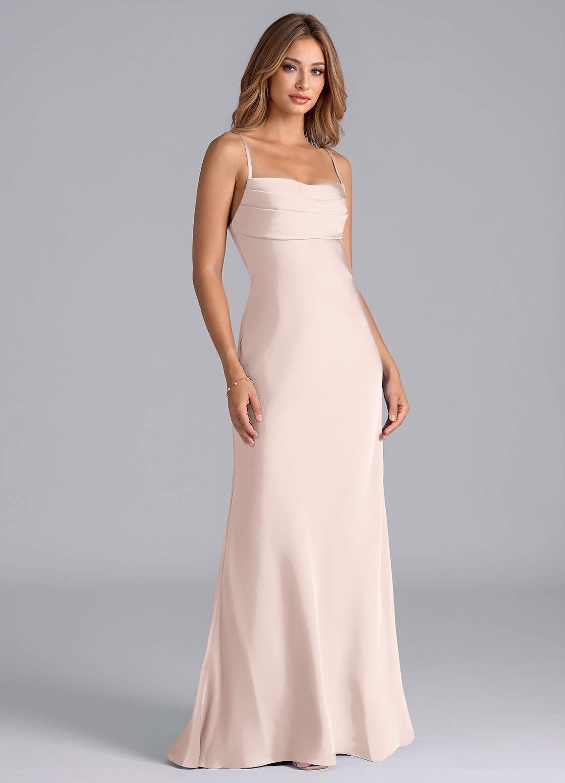 Seema Mermaid Cowl-Neck Stretch Satin Bridesmaid Dress in Blushing Pink