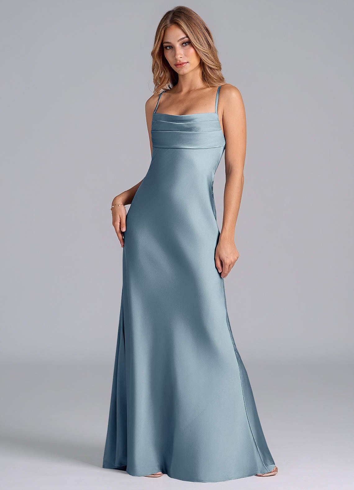 Seema Mermaid Cowl-Neck Stretch Satin Bridesmaid Dress in dusty blue