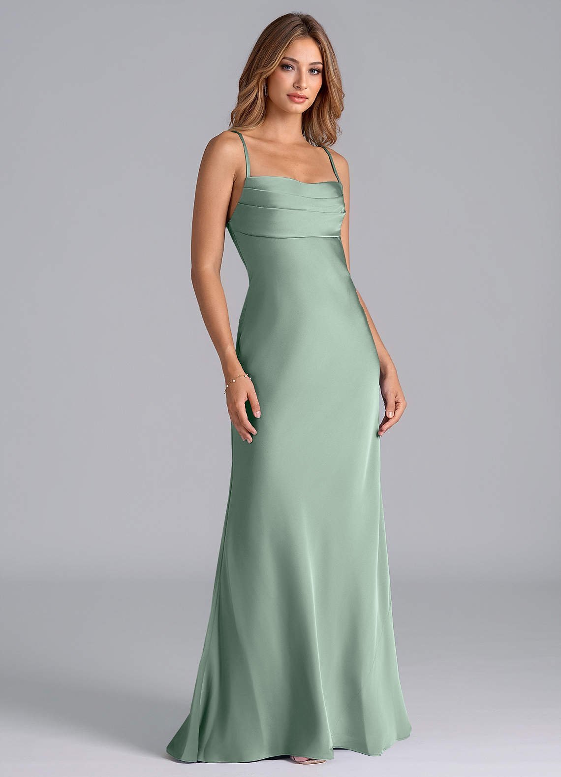 Seema Mermaid Cowl-Neck Stretch Satin Bridesmaid Dress in Agave