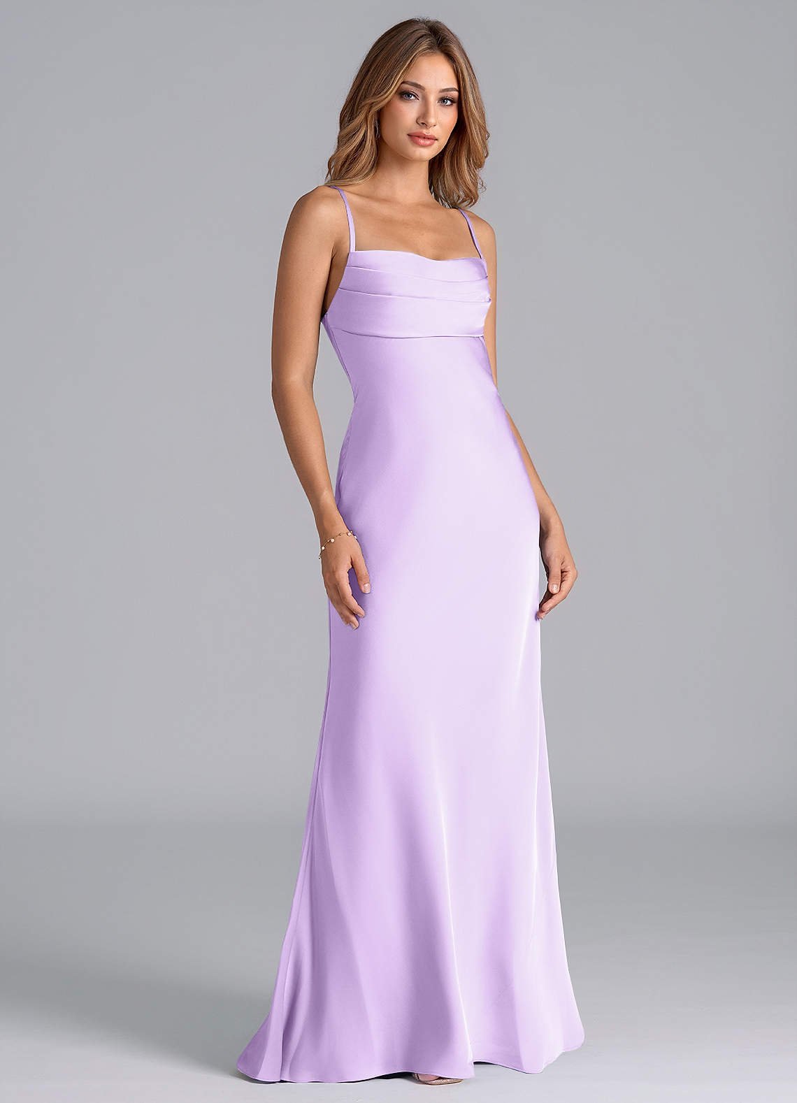 Seema Mermaid Cowl-Neck Stretch Satin Bridesmaid Dress in Lilac