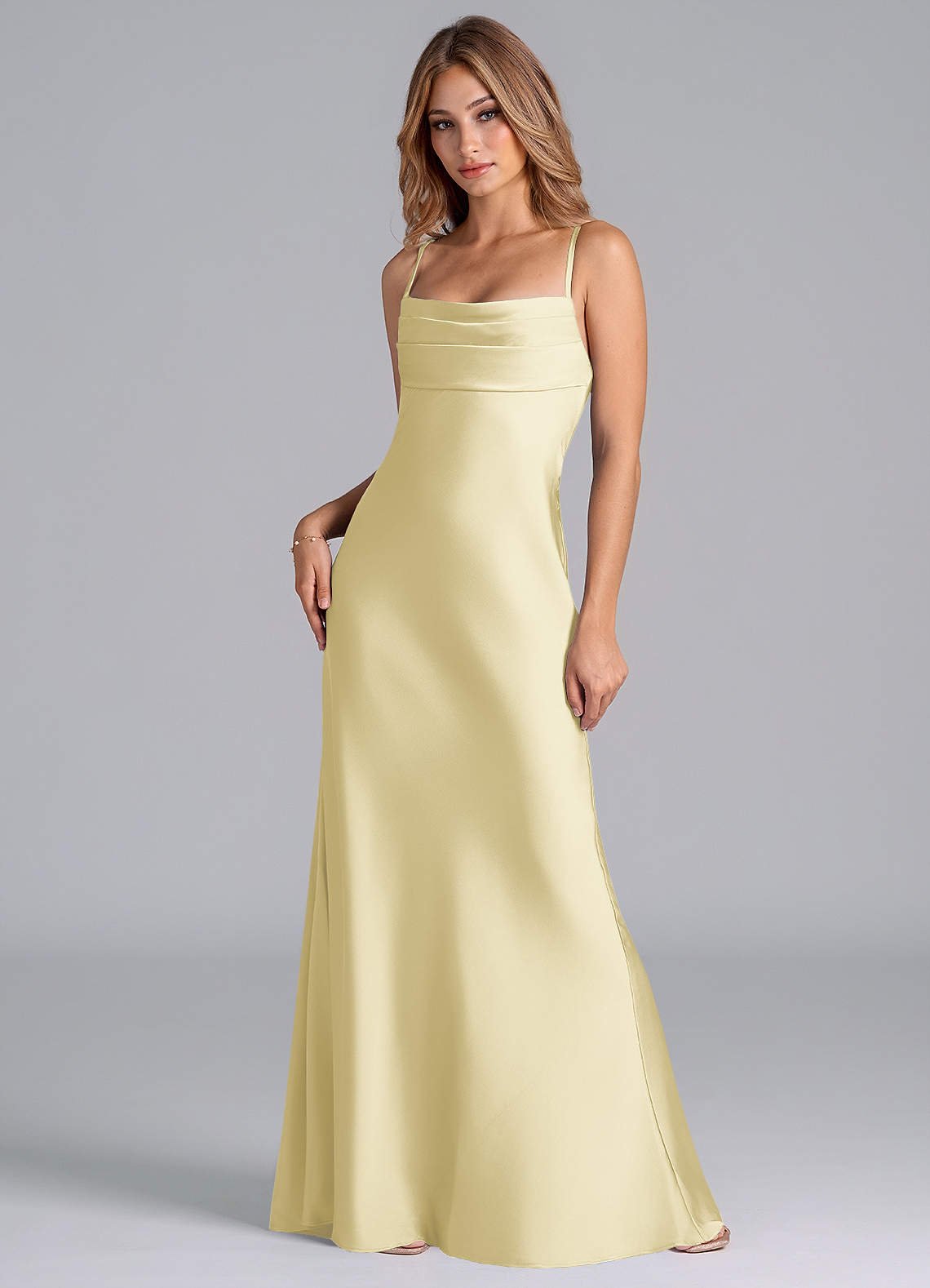 Seema Mermaid Cowl-Neck Stretch Satin Bridesmaid Dress in Lemon Sorbet