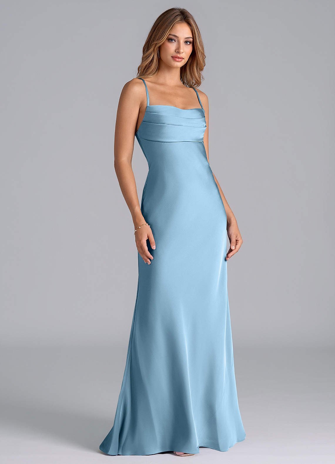 Seema Mermaid Cowl-Neck Stretch Satin Bridesmaid Dress in Steel Blue