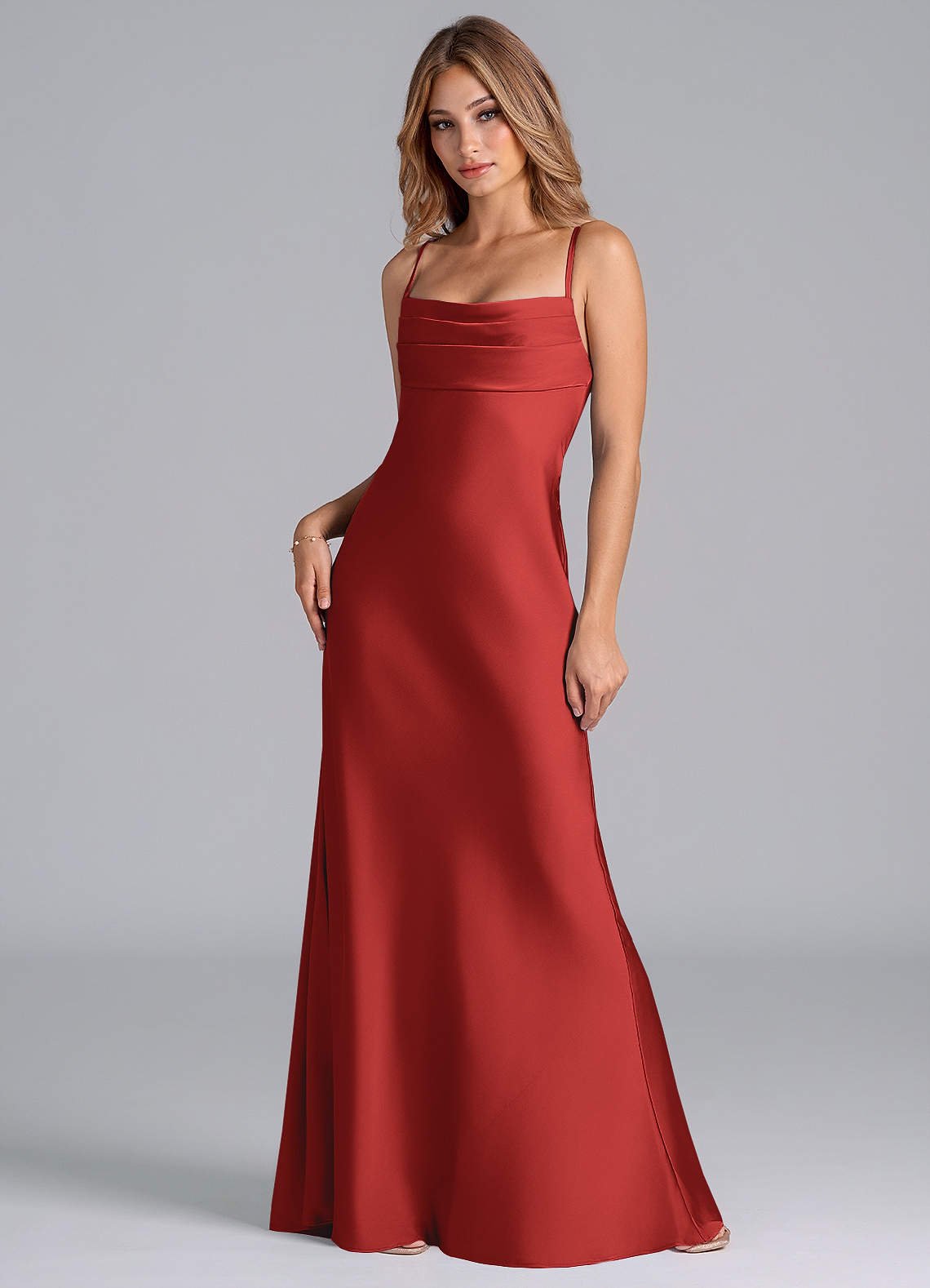 Seema Mermaid Cowl-Neck Stretch Satin Bridesmaid Dress in Scarlet