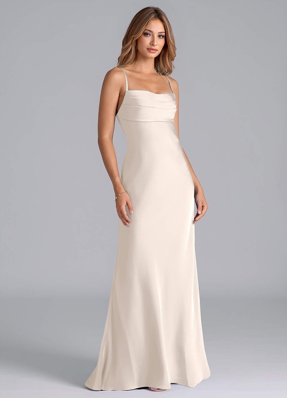 Seema Mermaid Cowl-Neck Stretch Satin Bridesmaid Dress in White Alabaster