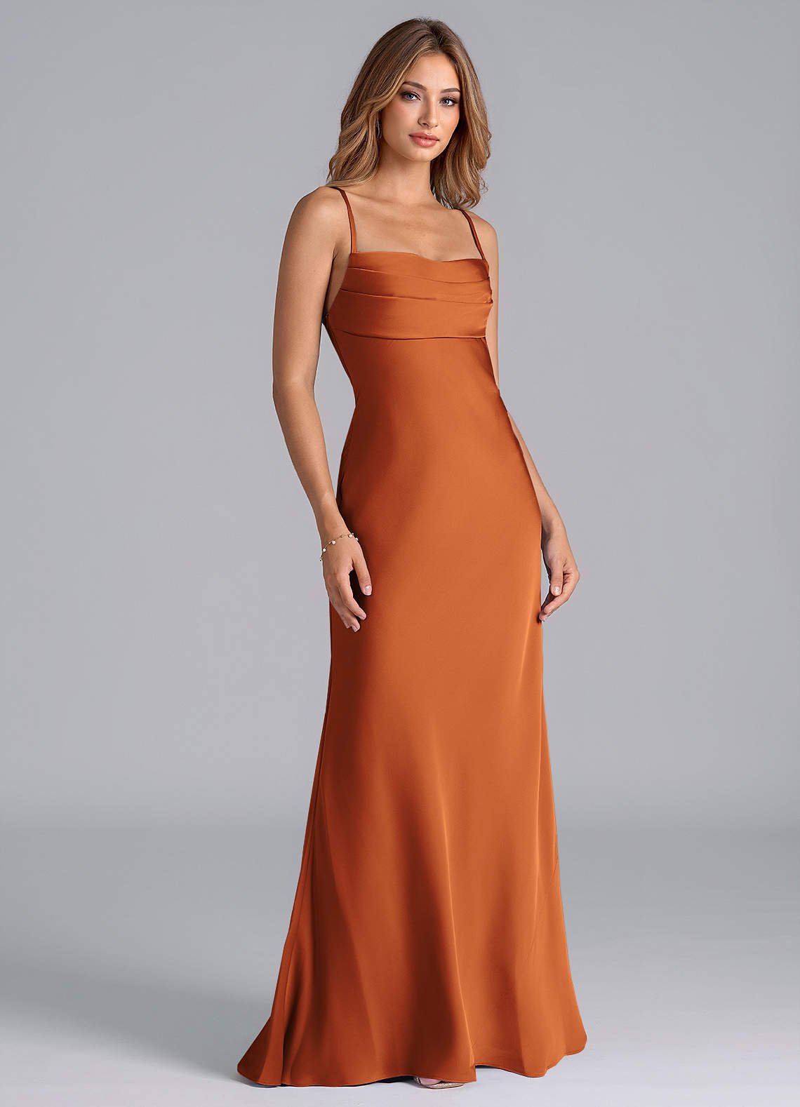Seema Mermaid Cowl-Neck Stretch Satin Bridesmaid Dress in Burnt Orange