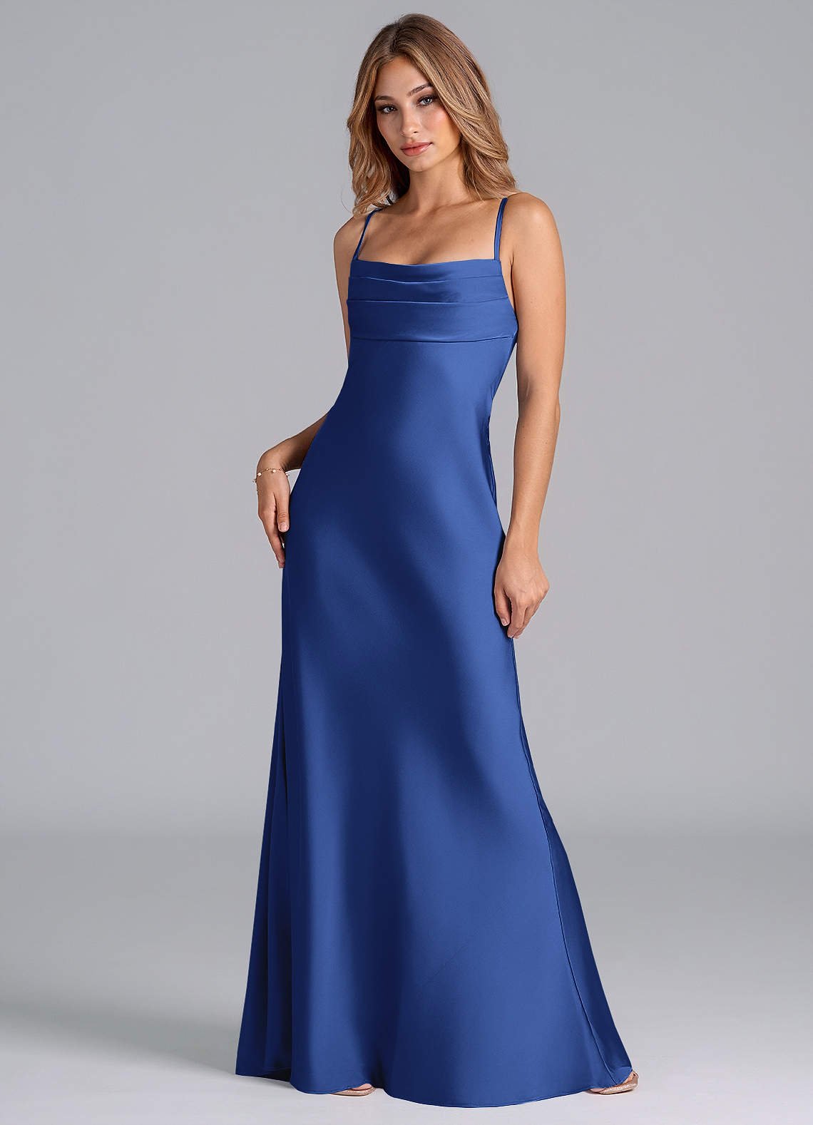 Seema Mermaid Cowl-Neck Stretch Satin Bridesmaid Dress in Royal Blue