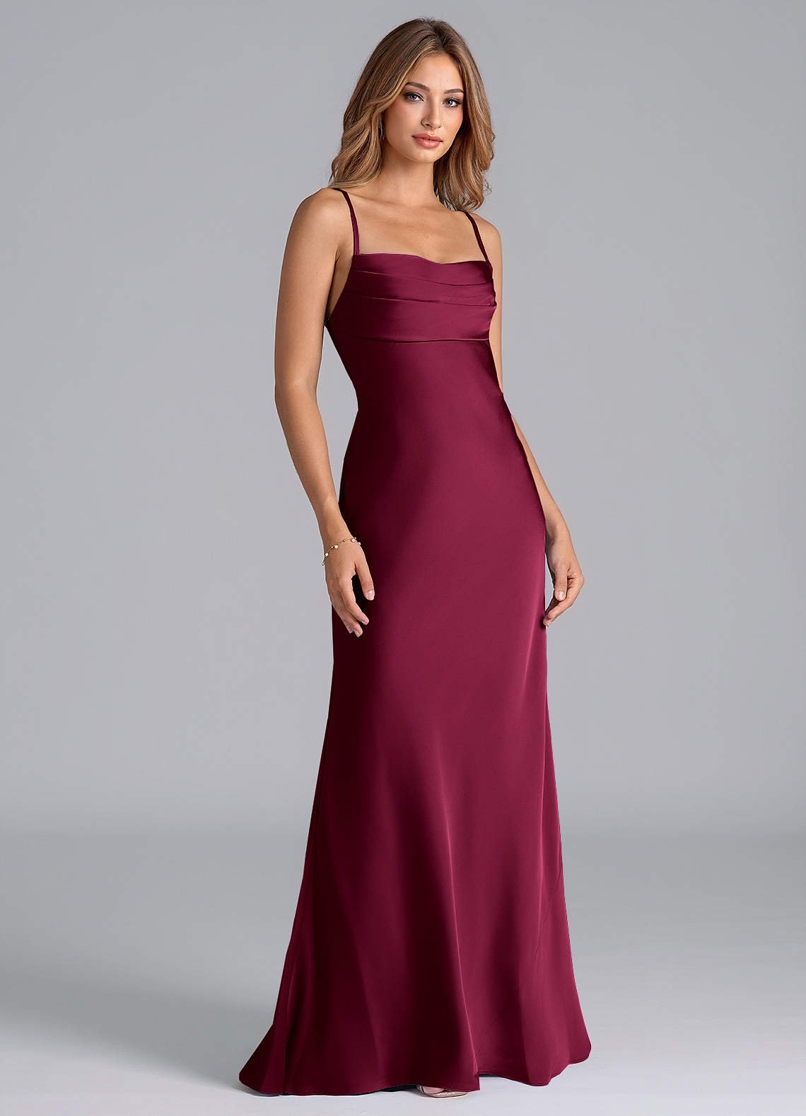 Seema Mermaid Cowl-Neck Stretch Satin Bridesmaid Dress in Burgundy