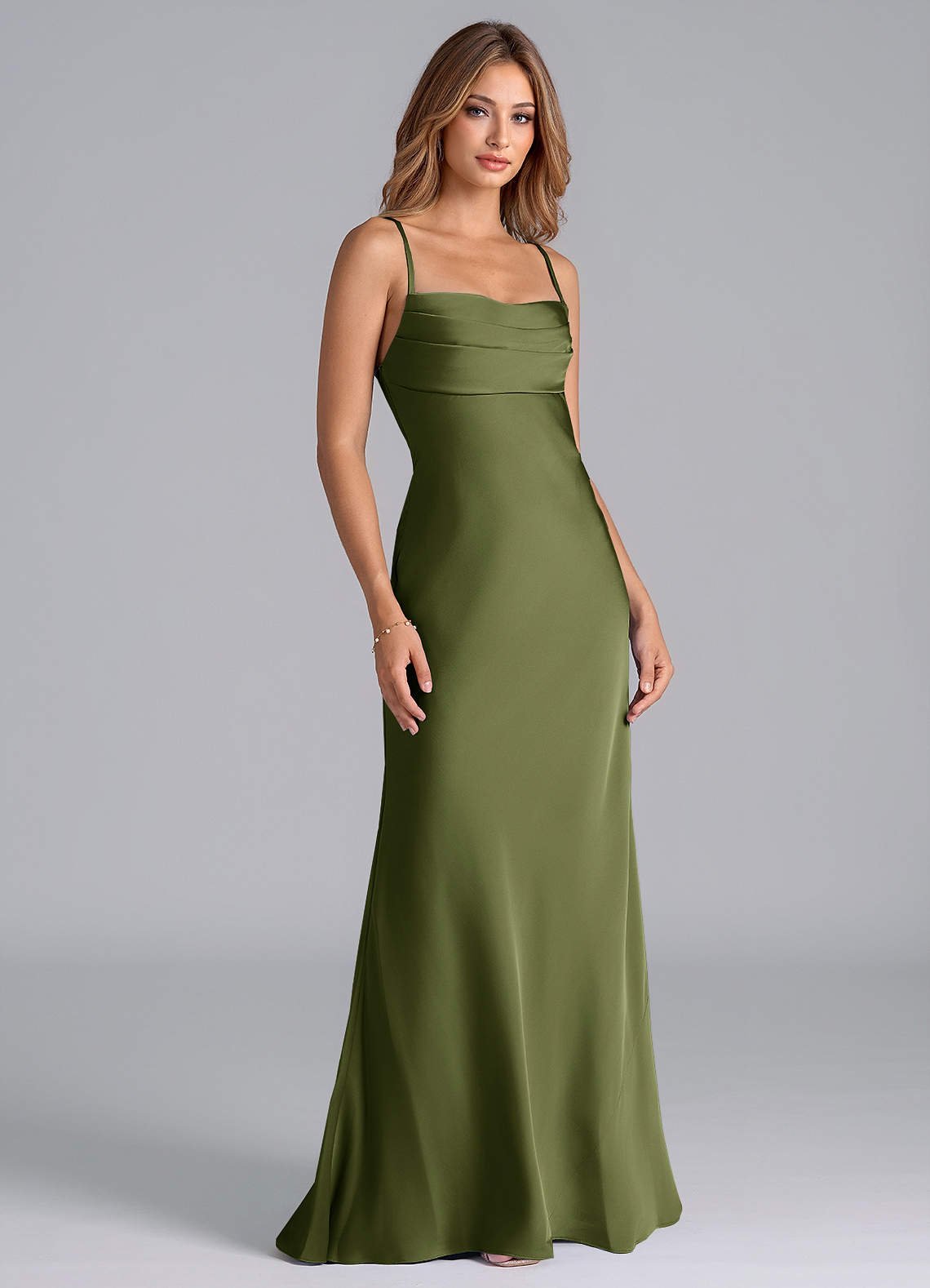 Seema Mermaid Cowl-Neck Stretch Satin Bridesmaid Dress in Olive