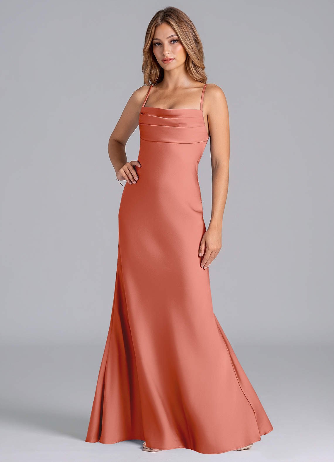 Seema Mermaid Cowl-Neck Stretch Satin Bridesmaid Dress in Salmon Pink