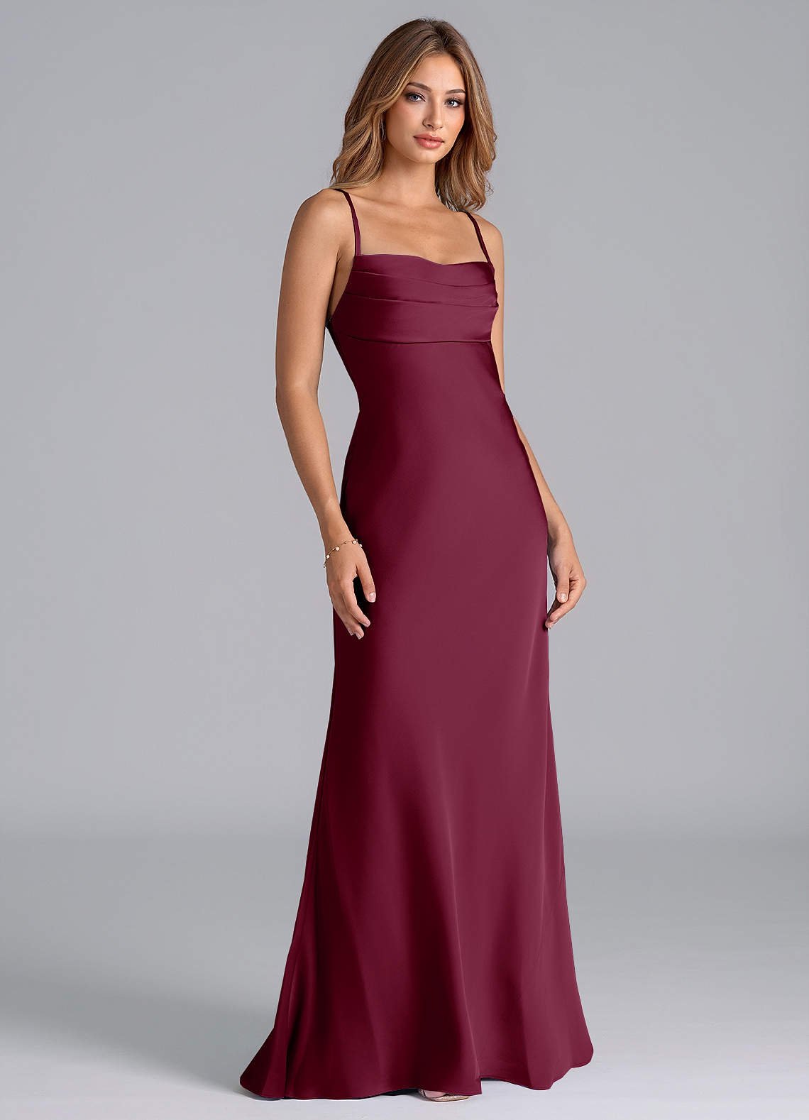 Seema Mermaid Cowl-Neck Stretch Satin Bridesmaid Dress in Mulberry