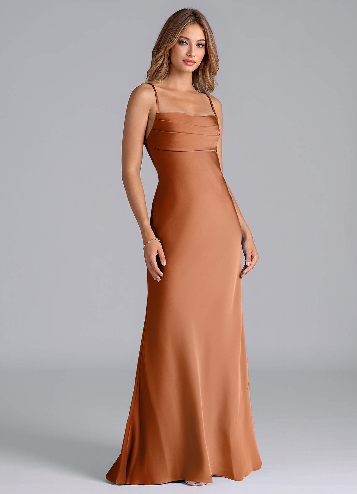 Seema Mermaid Cowl-Neck Stretch Satin Bridesmaid Dress in Copper