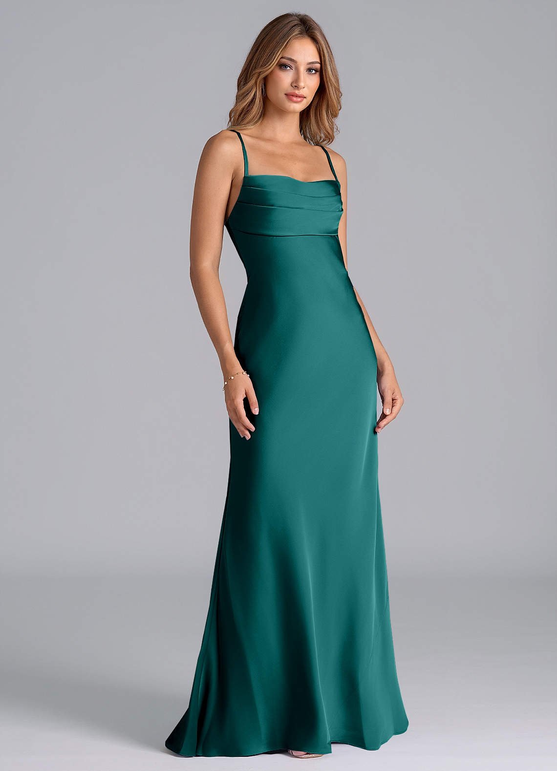 Seema Mermaid Cowl-Neck Stretch Satin Bridesmaid Dress in Peacock