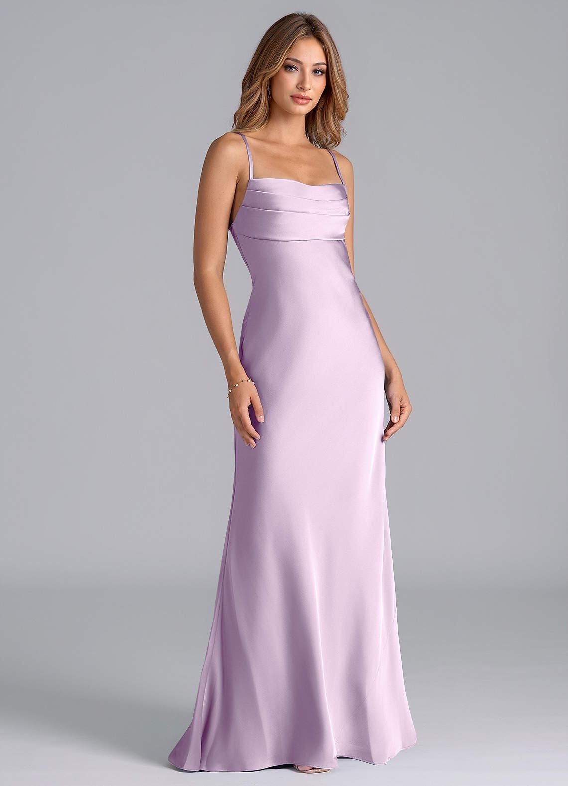 Seema Mermaid Cowl-Neck Stretch Satin Bridesmaid Dress in Frosted Lilac