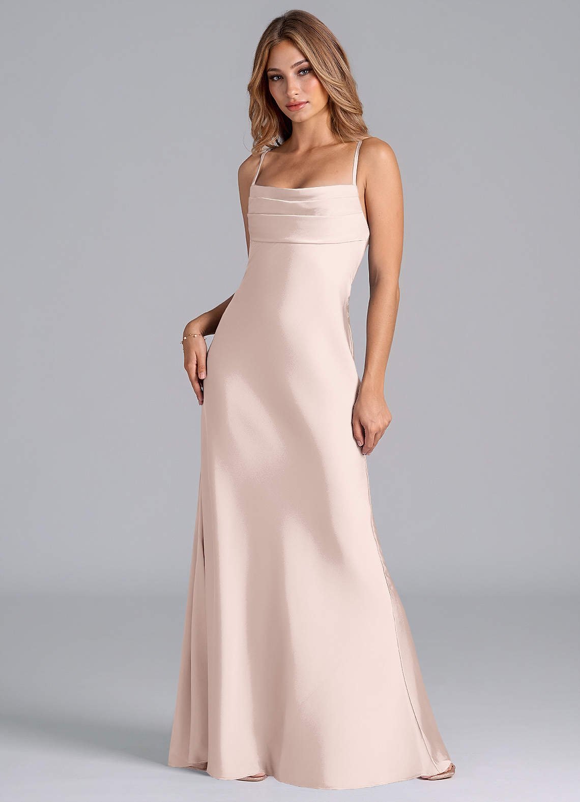 Seema Mermaid Cowl-Neck Stretch Satin Bridesmaid Dress in Blushing Pink