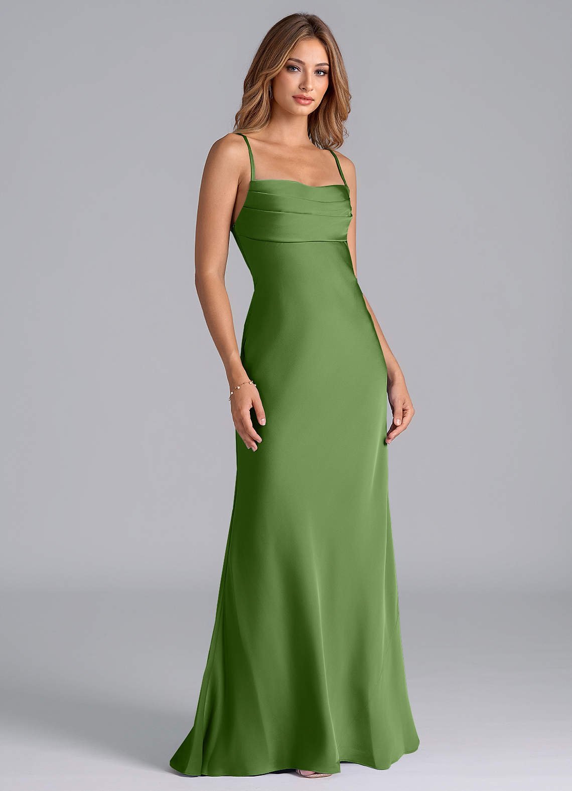 Seema Mermaid Cowl-Neck Stretch Satin Bridesmaid Dress in Basil