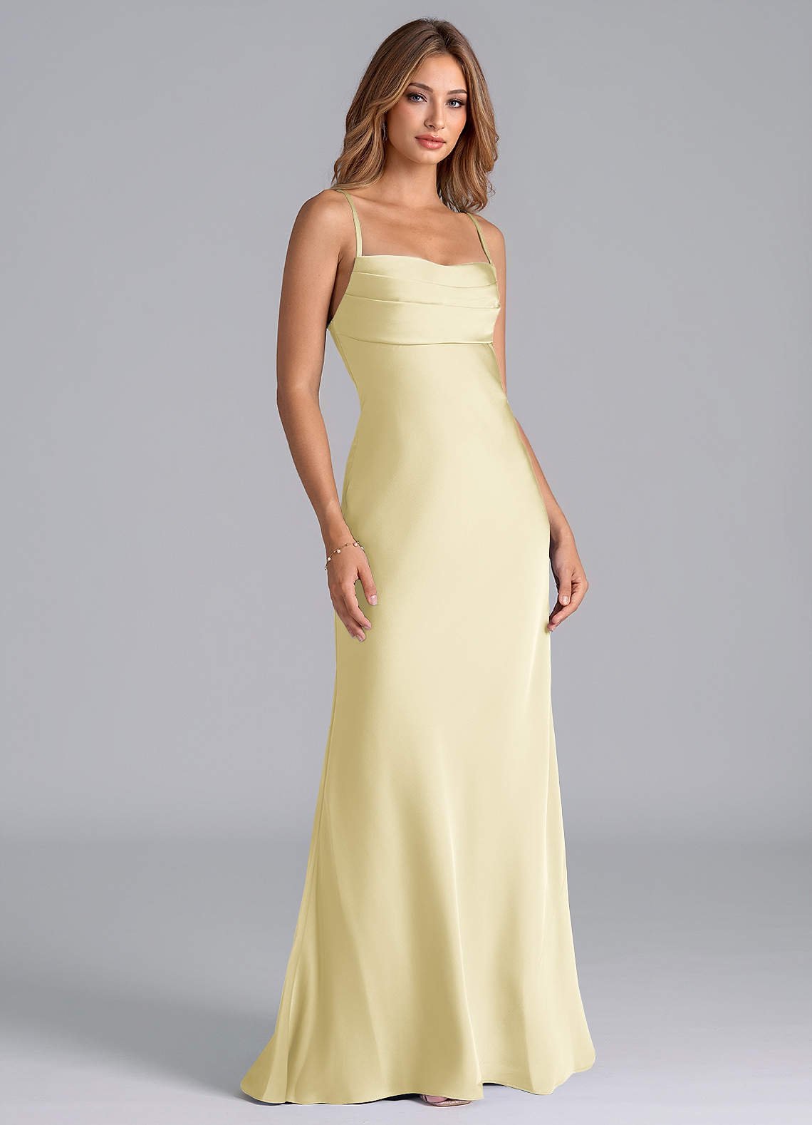 Seema Mermaid Cowl-Neck Stretch Satin Bridesmaid Dress in Lemon Sorbet