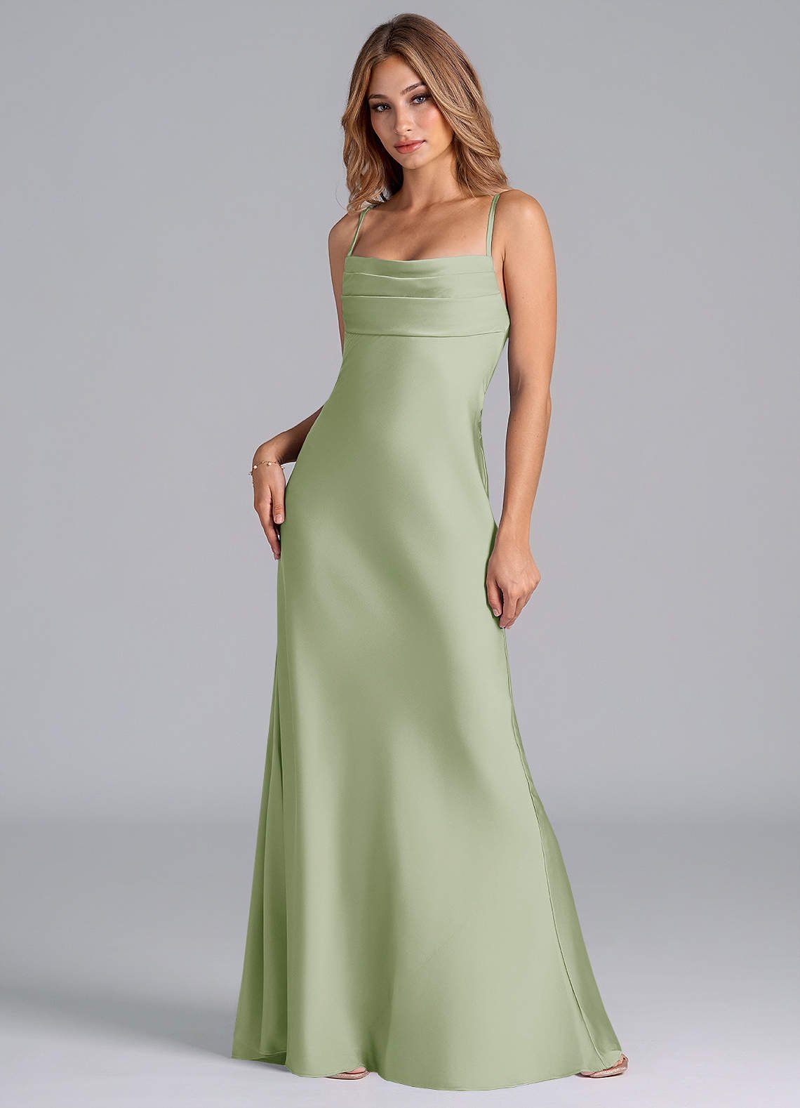 Seema Mermaid Cowl-Neck Stretch Satin Bridesmaid Dress in Dusty Sage
