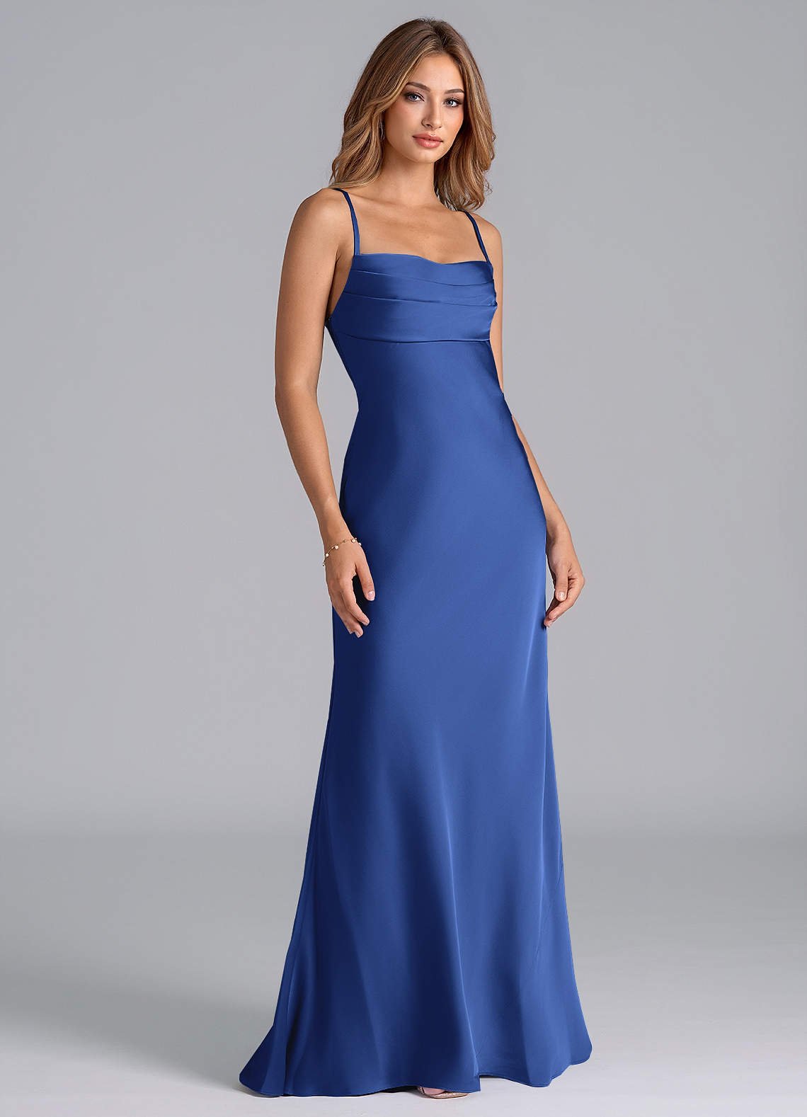 Seema Mermaid Cowl-Neck Stretch Satin Bridesmaid Dress in Royal Blue