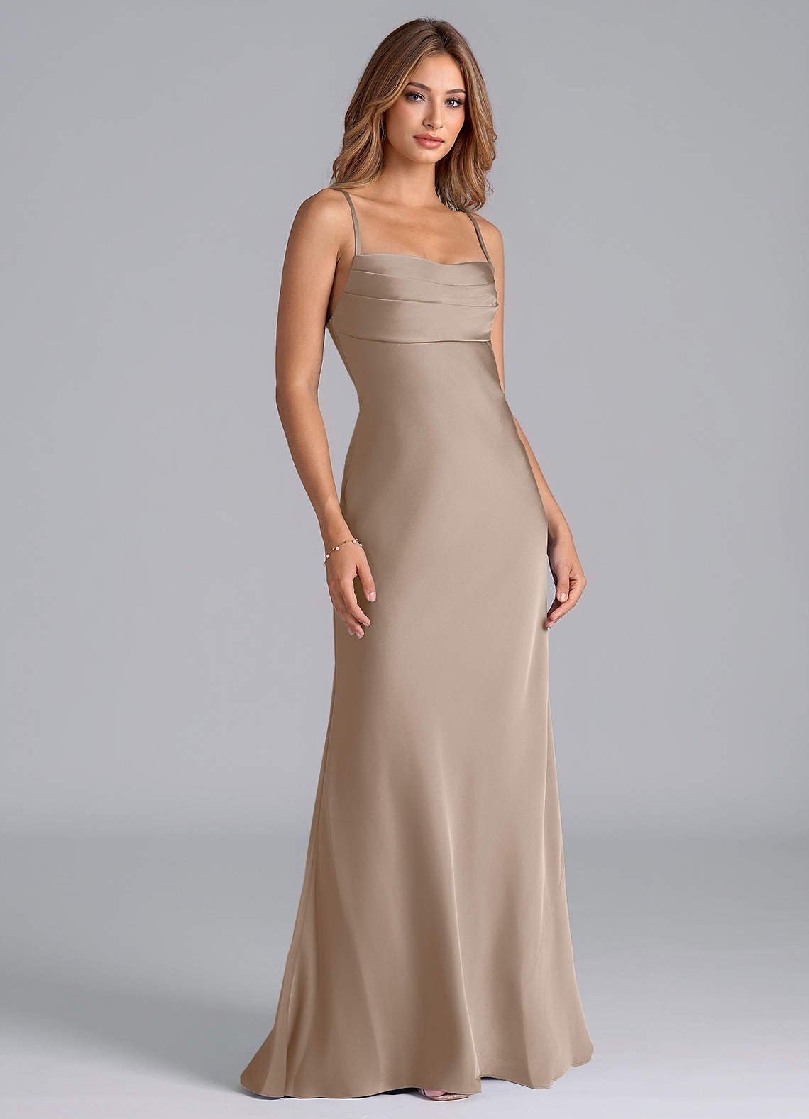 Seema Mermaid Cowl-Neck Stretch Satin Bridesmaid Dress in Taupe