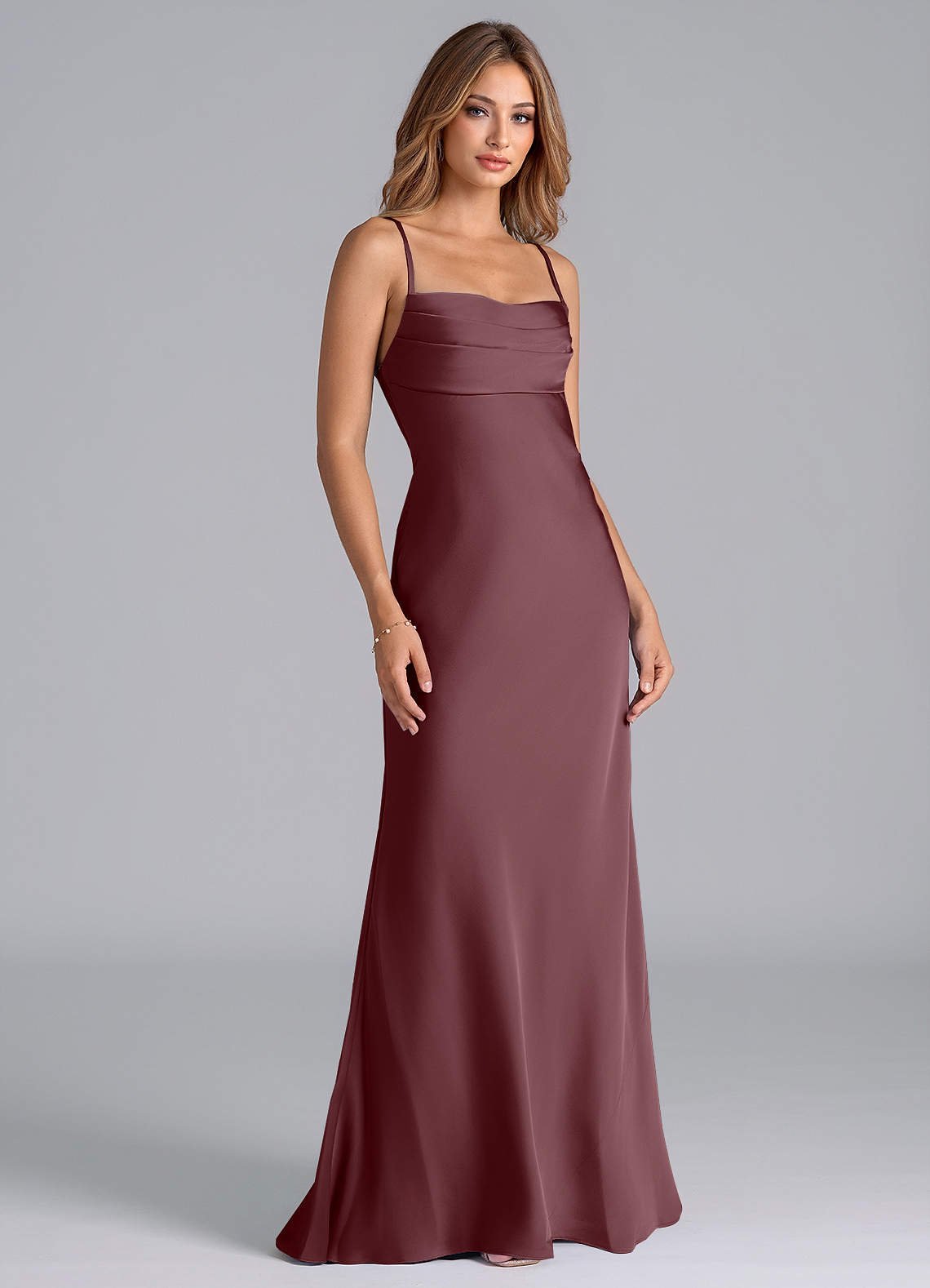 Seema Mermaid Cowl-Neck Stretch Satin Bridesmaid Dress in Sangria