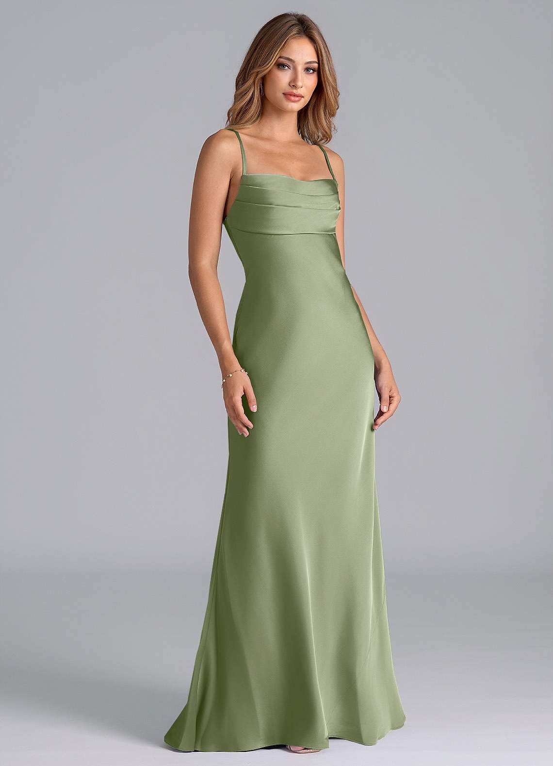 Seema Mermaid Cowl-Neck Stretch Satin Bridesmaid Dress in Pistachio