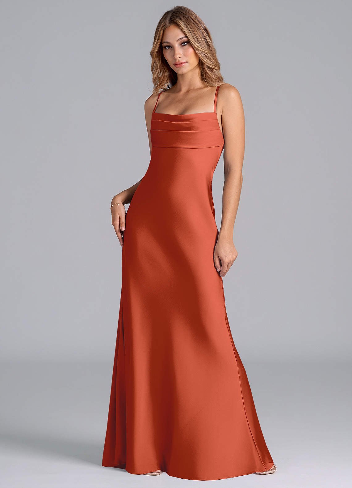 Seema Mermaid Cowl-Neck Stretch Satin Bridesmaid Dress in Rust