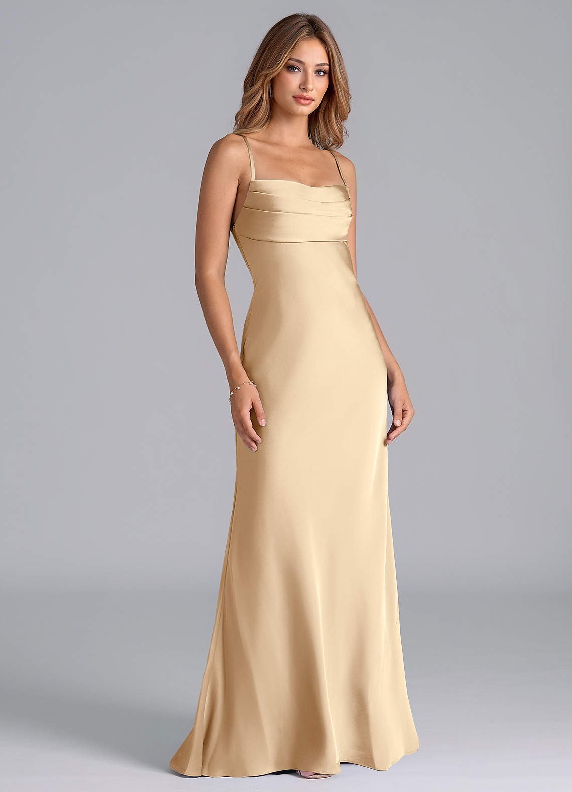 Seema Mermaid Cowl-Neck Stretch Satin Bridesmaid Dress in Champagne