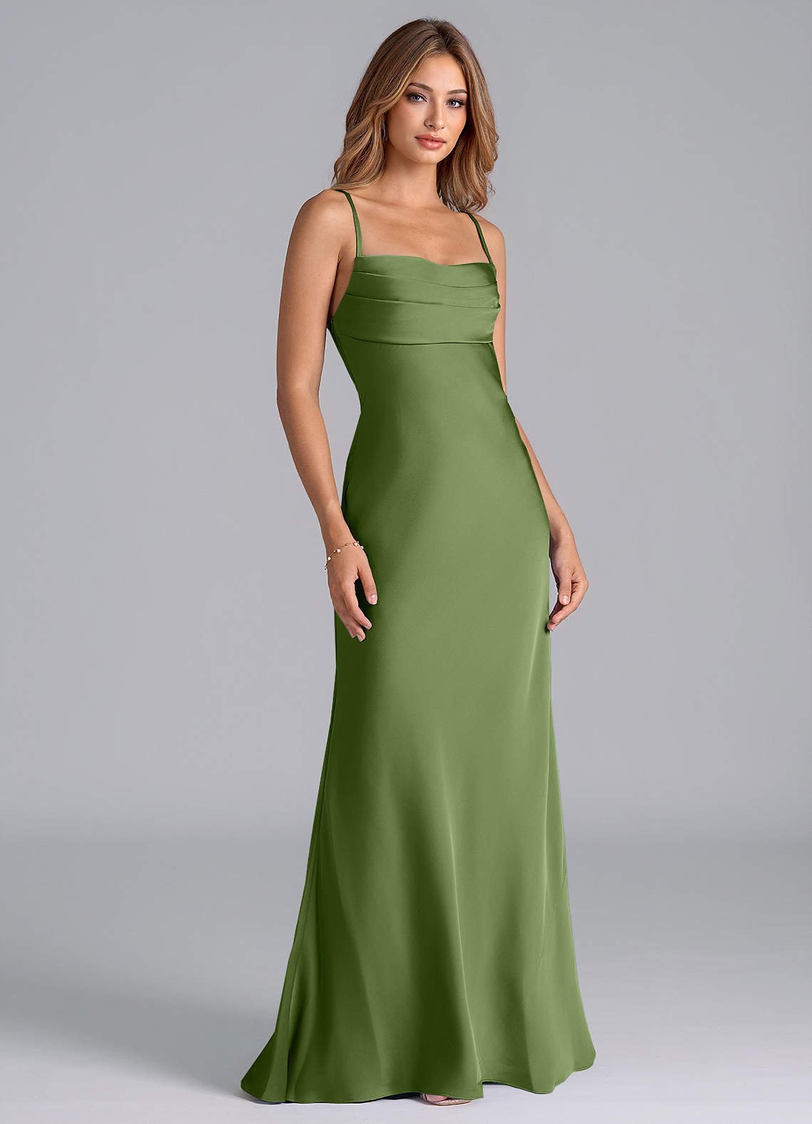 Seema Mermaid Cowl-Neck Stretch Satin Bridesmaid Dress in Juniper