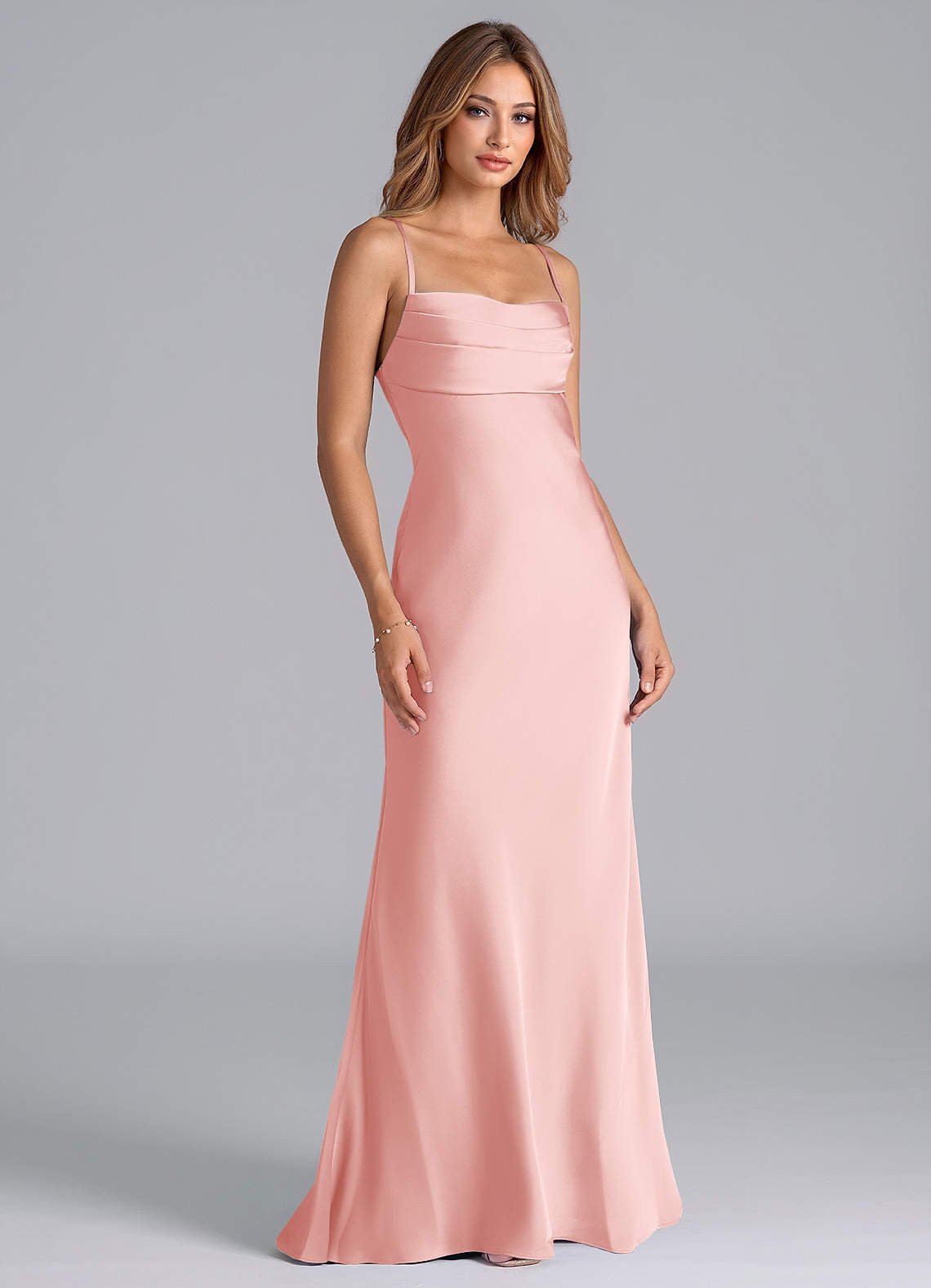 Seema Mermaid Cowl-Neck Stretch Satin Bridesmaid Dress in Powder Pink